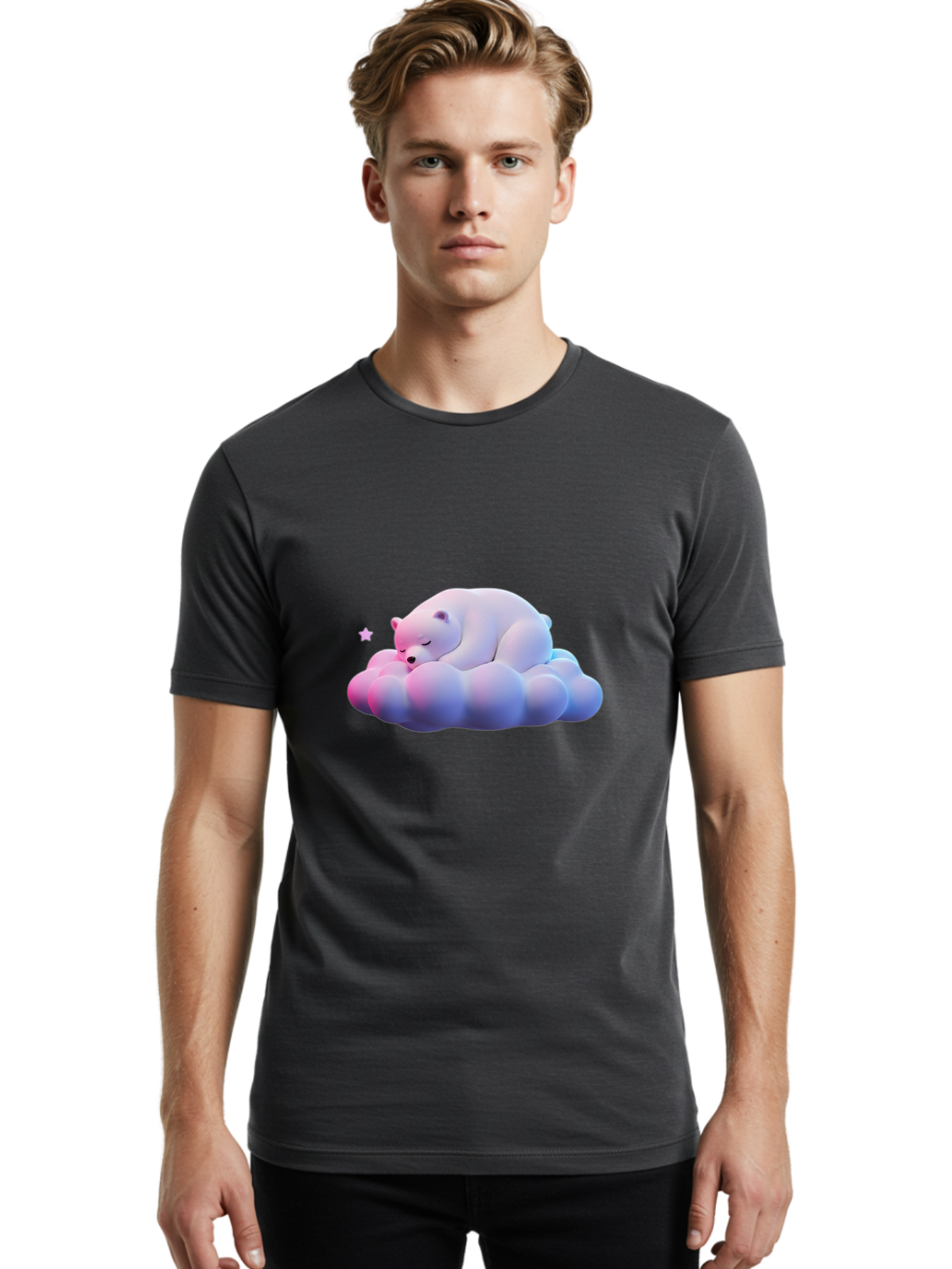 Sleeping-Polar-Bear-11 Men'S Graphic Tee, 100% Cotton, Comfortable Casual Summer Wear, Machine Washable, Sleeping Polar Bear, White Bear, Cloud, Dreamy Scene, Peaceful Slumber, Serene Atmosphere, Cute Bear, Cartoon Style Bae742