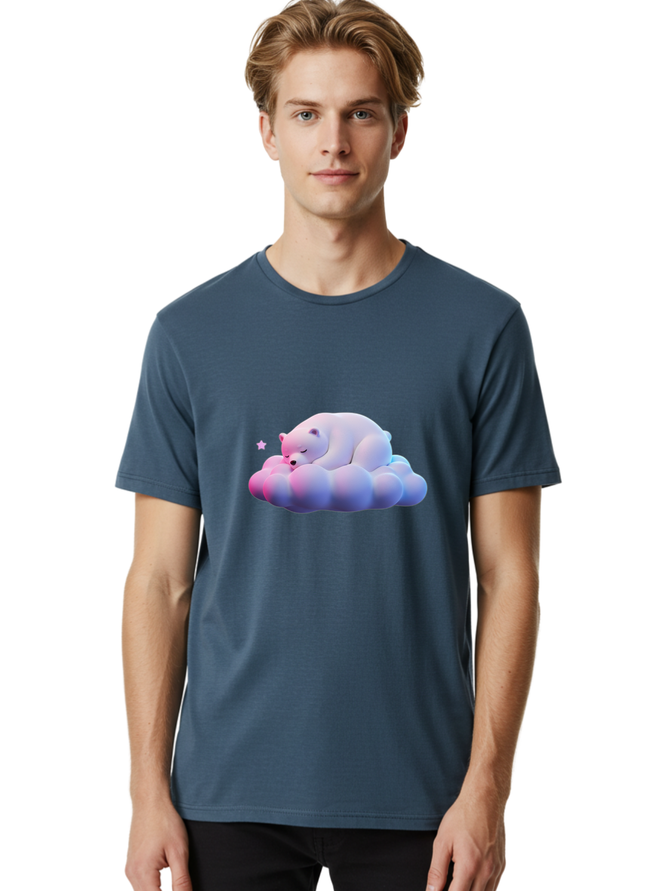 Sleeping-Polar-Bear-11 Men'S Graphic Tee, 100% Cotton, Comfortable Casual Summer Wear, Machine Washable, Sleeping Polar Bear, White Bear, Cloud, Dreamy Scene, Peaceful Slumber, Serene Atmosphere, Cute Bear, Cartoon Style Bae742