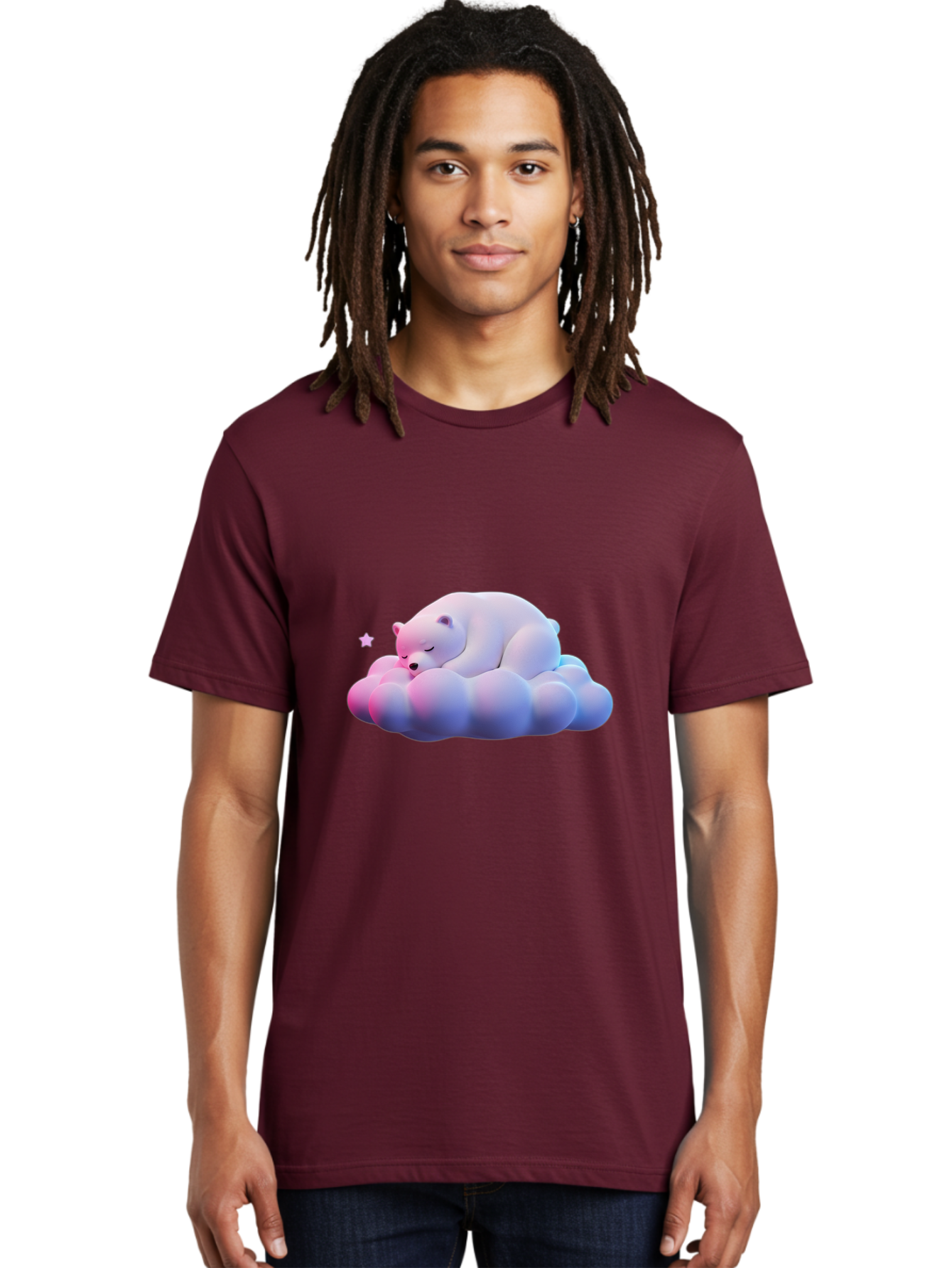 Sleeping-Polar-Bear-11 Men'S Graphic Tee, 100% Cotton, Comfortable Casual Summer Wear, Machine Washable, Sleeping Polar Bear, White Bear, Cloud, Dreamy Scene, Peaceful Slumber, Serene Atmosphere, Cute Bear, Cartoon Style Bae742