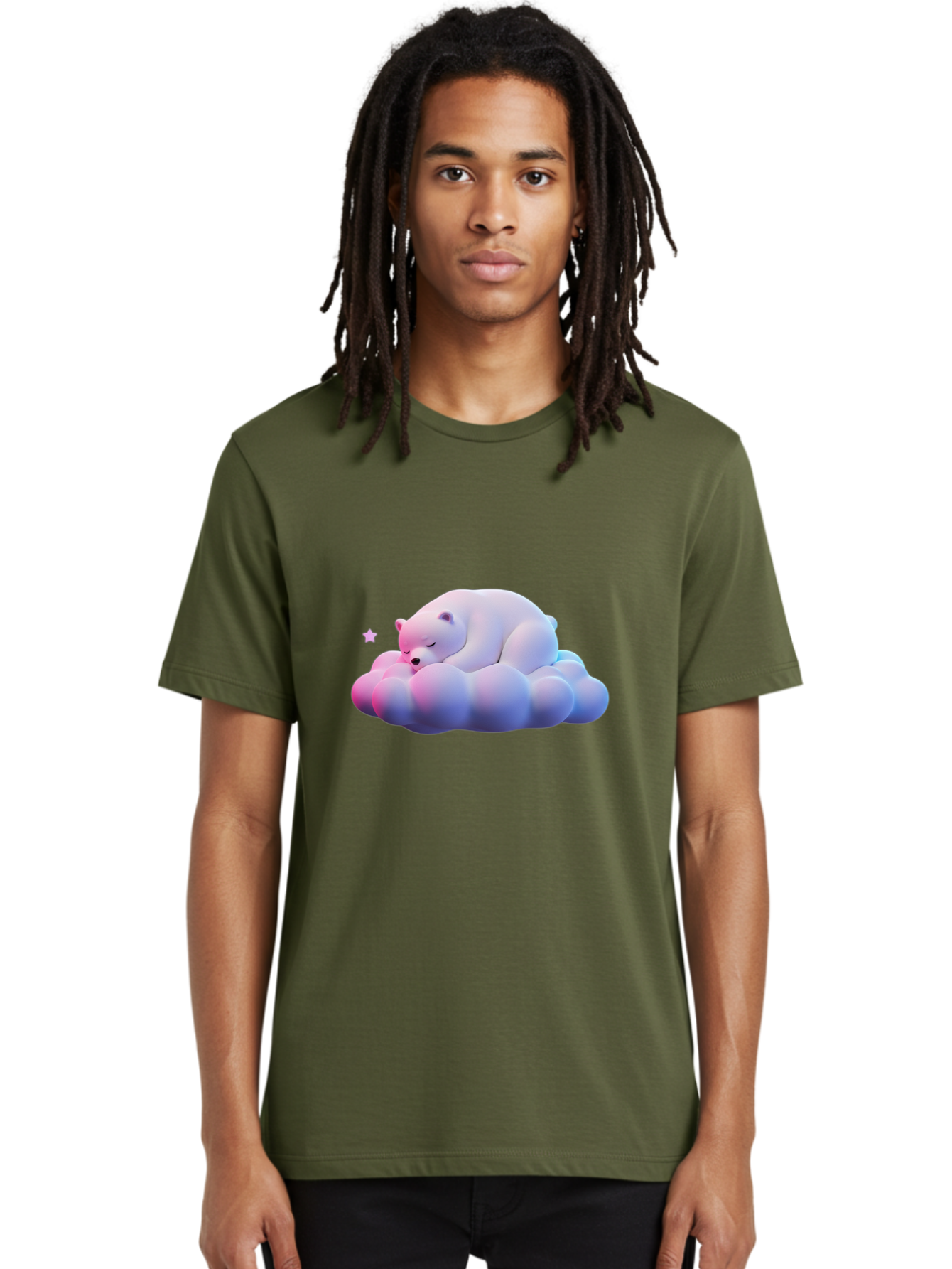 Sleeping-Polar-Bear-11 Men'S Graphic Tee, 100% Cotton, Comfortable Casual Summer Wear, Machine Washable, Sleeping Polar Bear, White Bear, Cloud, Dreamy Scene, Peaceful Slumber, Serene Atmosphere, Cute Bear, Cartoon Style Bae742