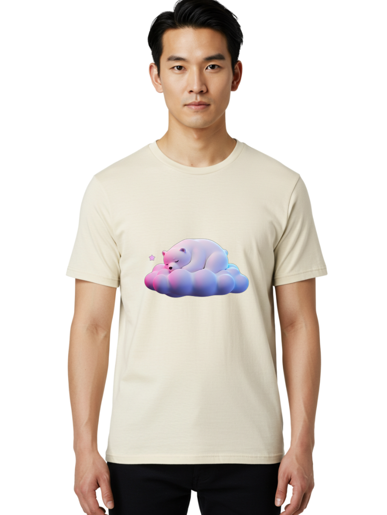 Sleeping-Polar-Bear-11 Men'S Graphic Tee, 100% Cotton, Comfortable Casual Summer Wear, Machine Washable, Sleeping Polar Bear, White Bear, Cloud, Dreamy Scene, Peaceful Slumber, Serene Atmosphere, Cute Bear, Cartoon Style Bae742