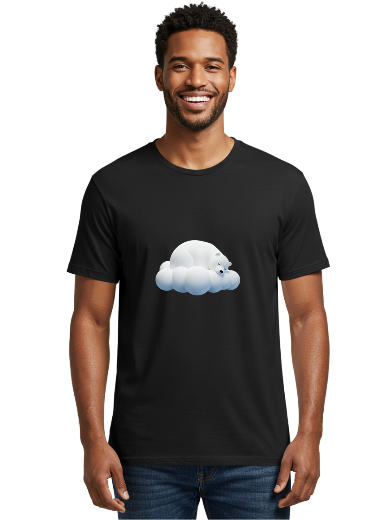 Sleeping-Polar-Bear-2 Men'S Graphic Tee, 100% Cotton, Comfortable Casual Summer Wear, Machine Washable, Sleeping Polar Bear On Cloud, Peaceful Slumber, Serene Atmosphere, Cute Cartoon Character, Relaxing Illustration, Sweet Dreams, Calmness, Bae743
