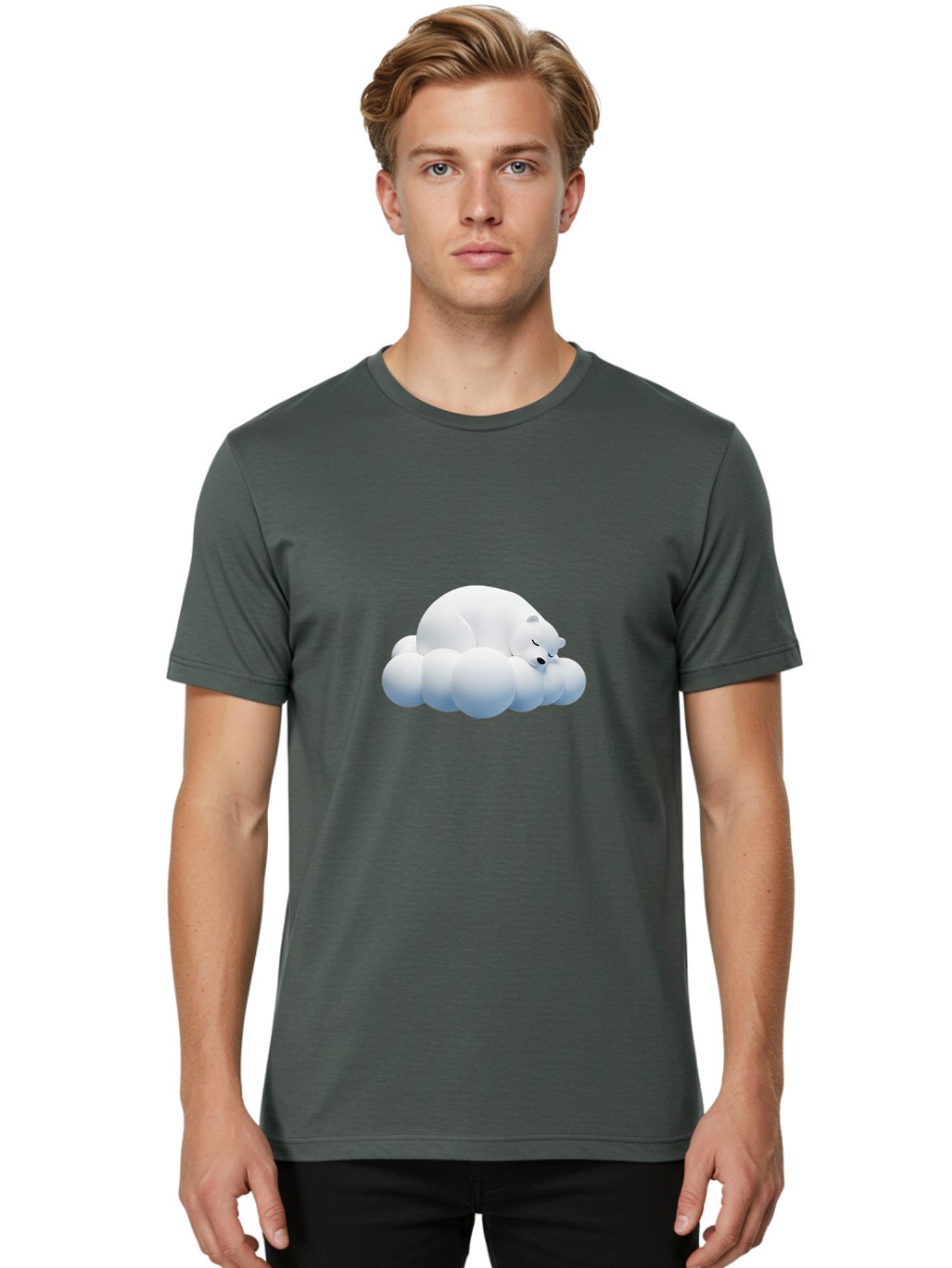 Sleeping-Polar-Bear-2 Men'S Graphic Tee, 100% Cotton, Comfortable Casual Summer Wear, Machine Washable, Sleeping Polar Bear On Cloud, Peaceful Slumber, Serene Atmosphere, Cute Cartoon Character, Relaxing Illustration, Sweet Dreams, Calmness, Bae743