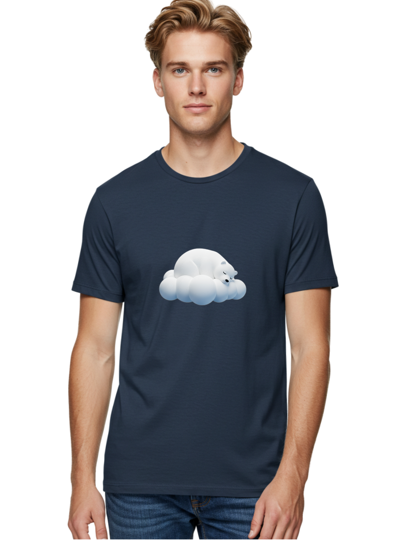 Sleeping-Polar-Bear-2 Men'S Graphic Tee, 100% Cotton, Comfortable Casual Summer Wear, Machine Washable, Sleeping Polar Bear On Cloud, Peaceful Slumber, Serene Atmosphere, Cute Cartoon Character, Relaxing Illustration, Sweet Dreams, Calmness, Bae743