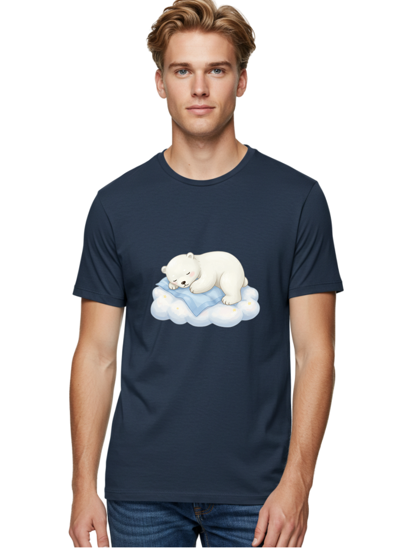 Sleeping-Polar-Bear-3 Men'S Graphic Tee, 100% Cotton, Comfortable Casual Summer Wear, Machine Washable, Polar Bear Sleeping On Cloud, Cute Cartoon Bear, Peaceful Slumber, Fluffy White Bear, Serene Atmosphere, Adorable Animal, Kawaii Bae744