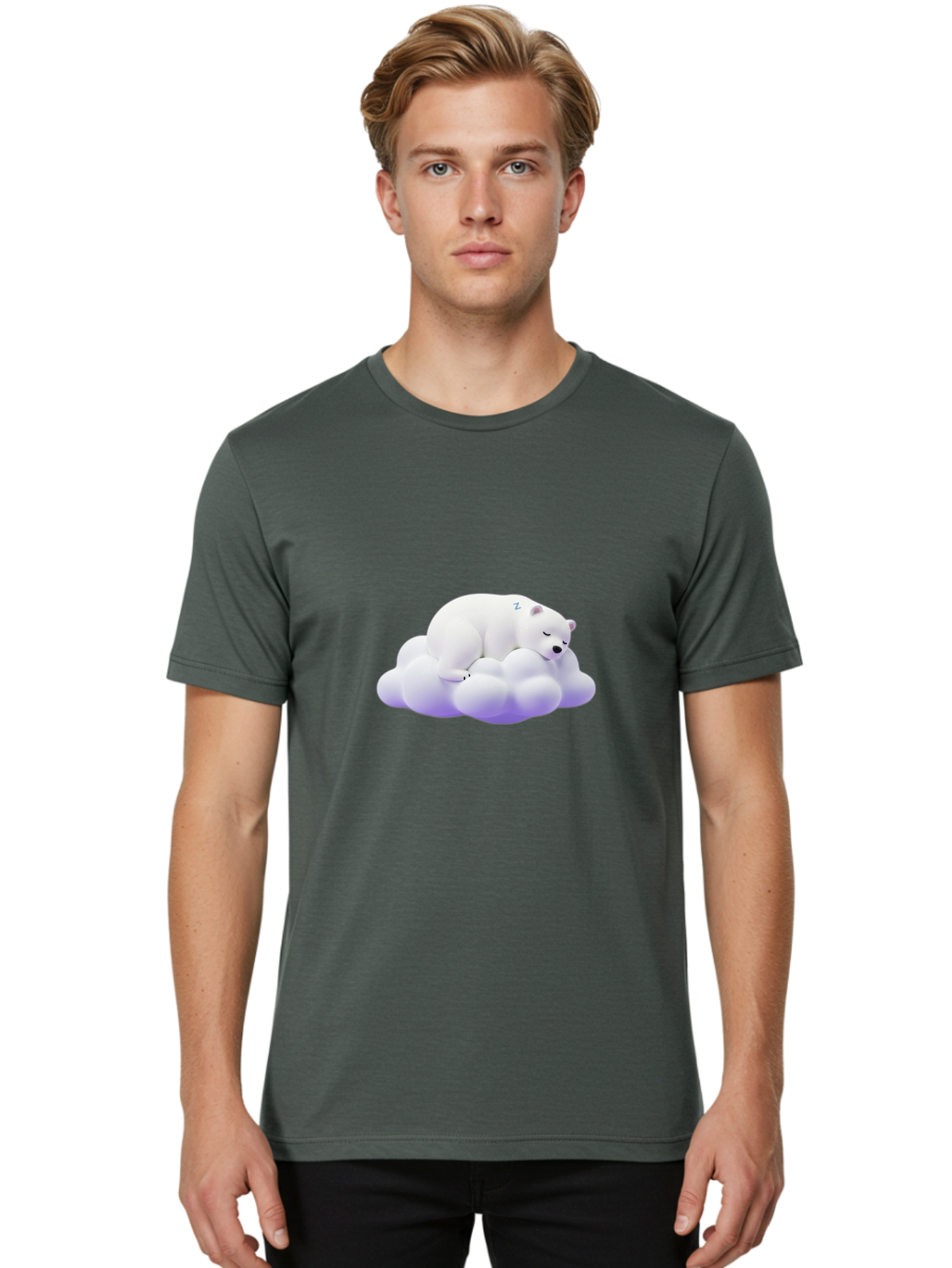 Sleeping-Polar-Bear-5 Men'S Graphic Tee, 100% Cotton, Comfortable Casual Summer Wear, Machine Washable, Sleeping Polar Bear, Cute Cartoon Character, Relaxing On Cloud, Peaceful Slumber, Serene Atmosphere, Adorable Illustration, Zzz, Bae746