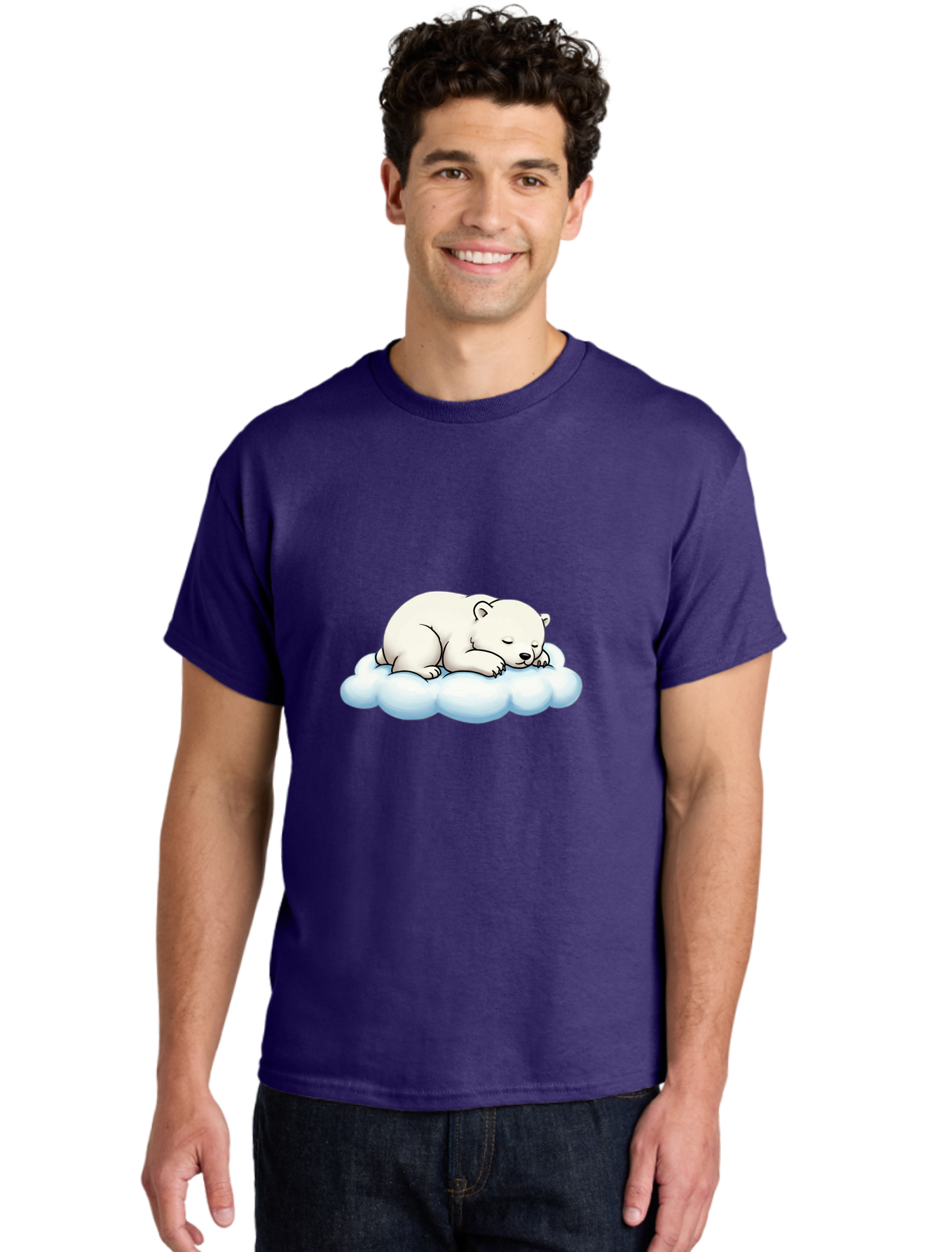 Sleeping-Polar-Bear-6 Men'S Graphic Tee, 100% Cotton, Comfortable Casual Summer Wear, Machine Washable, Sleeping Polar Bear On Cloud, Cute Cartoon Illustration, Adorable Animal, Peaceful Slumber, White Fur, Serene Atmosphere, Dreamy Scene, Bae747