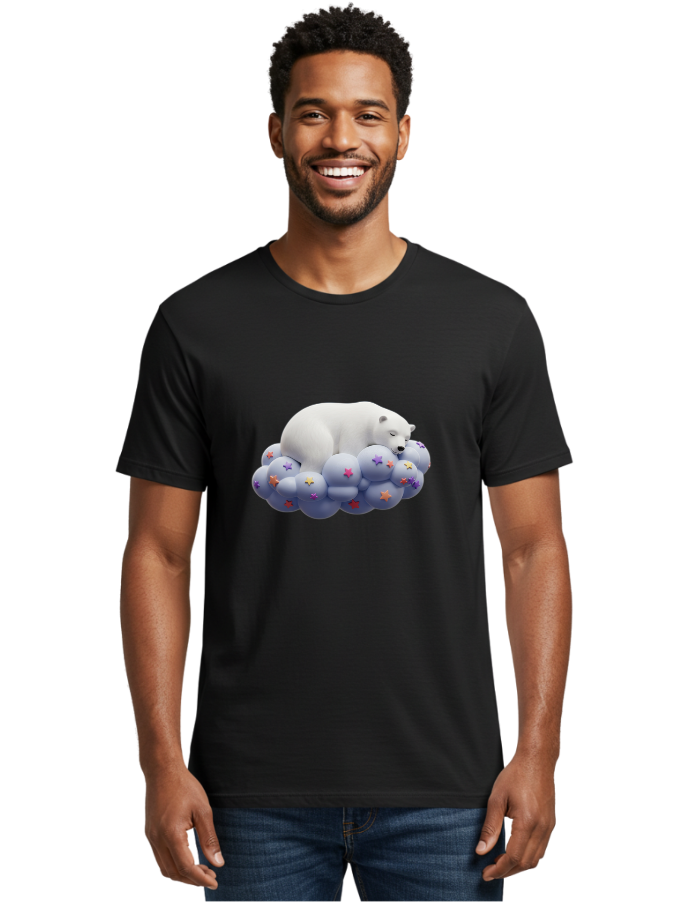 Sleeping-Polar-Bear-7 Men'S Graphic Tee, 100% Cotton, Comfortable Casual Summer Wear, Machine Washable, Sleeping Polar Bear, White Bear, Cloud With Stars, Pastel Colors, Whimsical Scene, Dreamy Atmosphere, Cute Illustration, Fantasy Art, Bae748