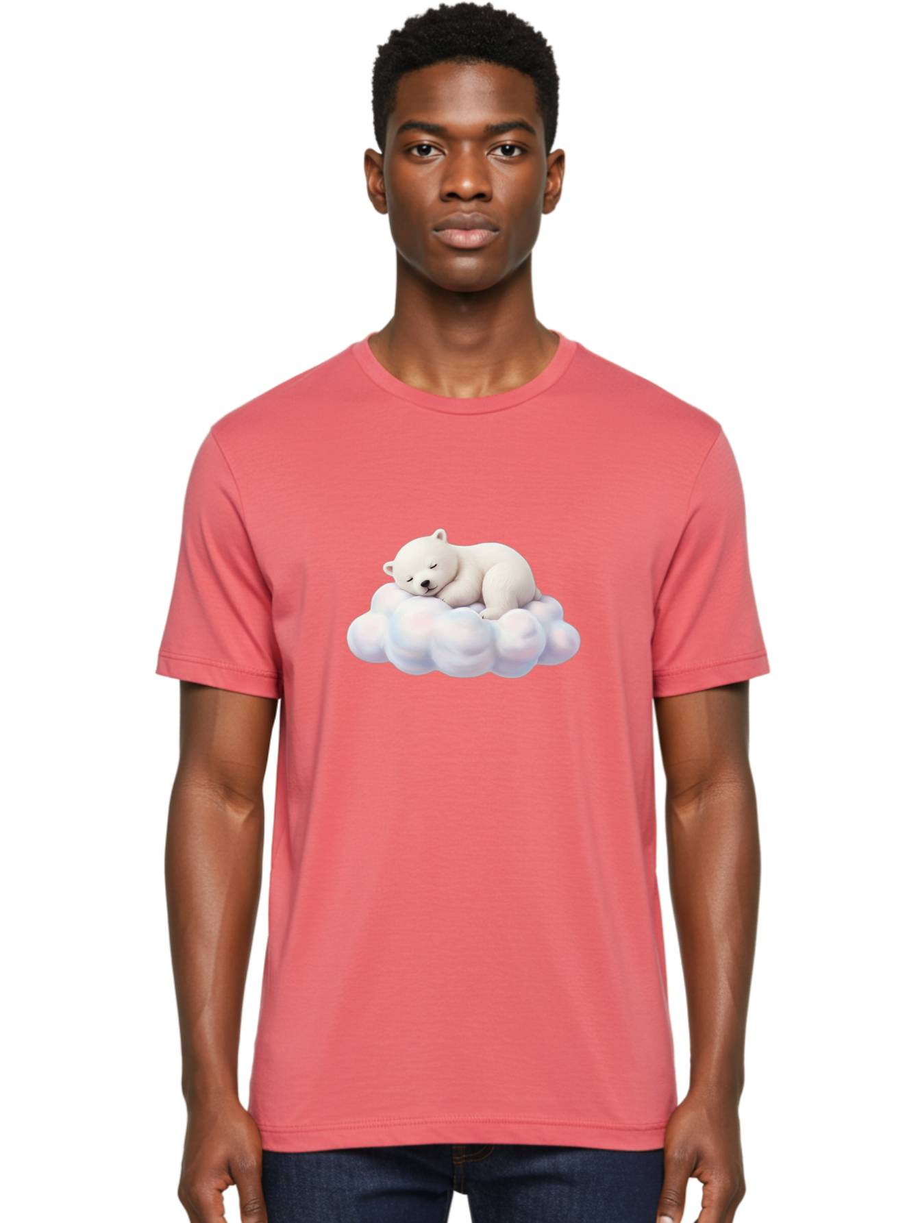 Sleeping-Polar-Bear-On-Cloud Men'S Graphic Tee, 100% Cotton, Comfortable Casual Summer Wear, Machine Washable, Sleeping Polar Bear On A Cloud, Cute Animals, White Bear, Peaceful Atmosphere, Serene Scene, Adorable Creature, Digital Art Bae751