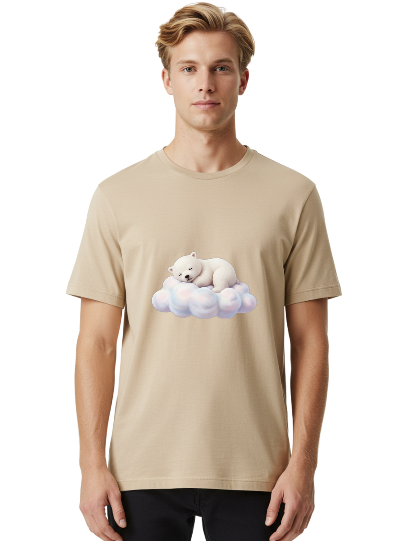 Sleeping-Polar-Bear-On-Cloud Men'S Graphic Tee, 100% Cotton, Comfortable Casual Summer Wear, Machine Washable, Sleeping Polar Bear On A Cloud, Cute Animals, White Bear, Peaceful Atmosphere, Serene Scene, Adorable Creature, Digital Art Bae751