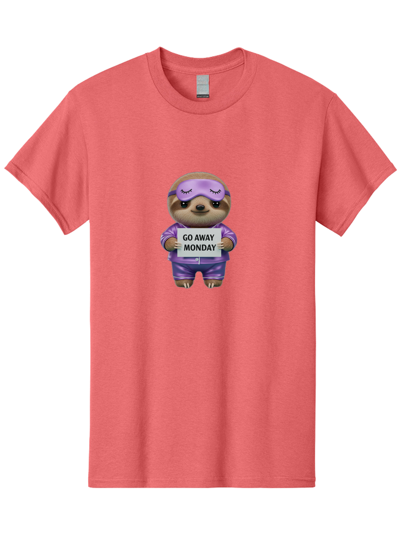 Sloth-Go-Away-Monday-1 Men'S Graphic Tee, 100% Cotton, Comfortable Casual Summer Wear, Machine Washable, Funny Sloth, Cartoon Character, Go Away Monday Sign, Lazy Animal, Purple Pajamas, Sleep Mask, Humorous Illustration, Relaxing Vibe, Bae753