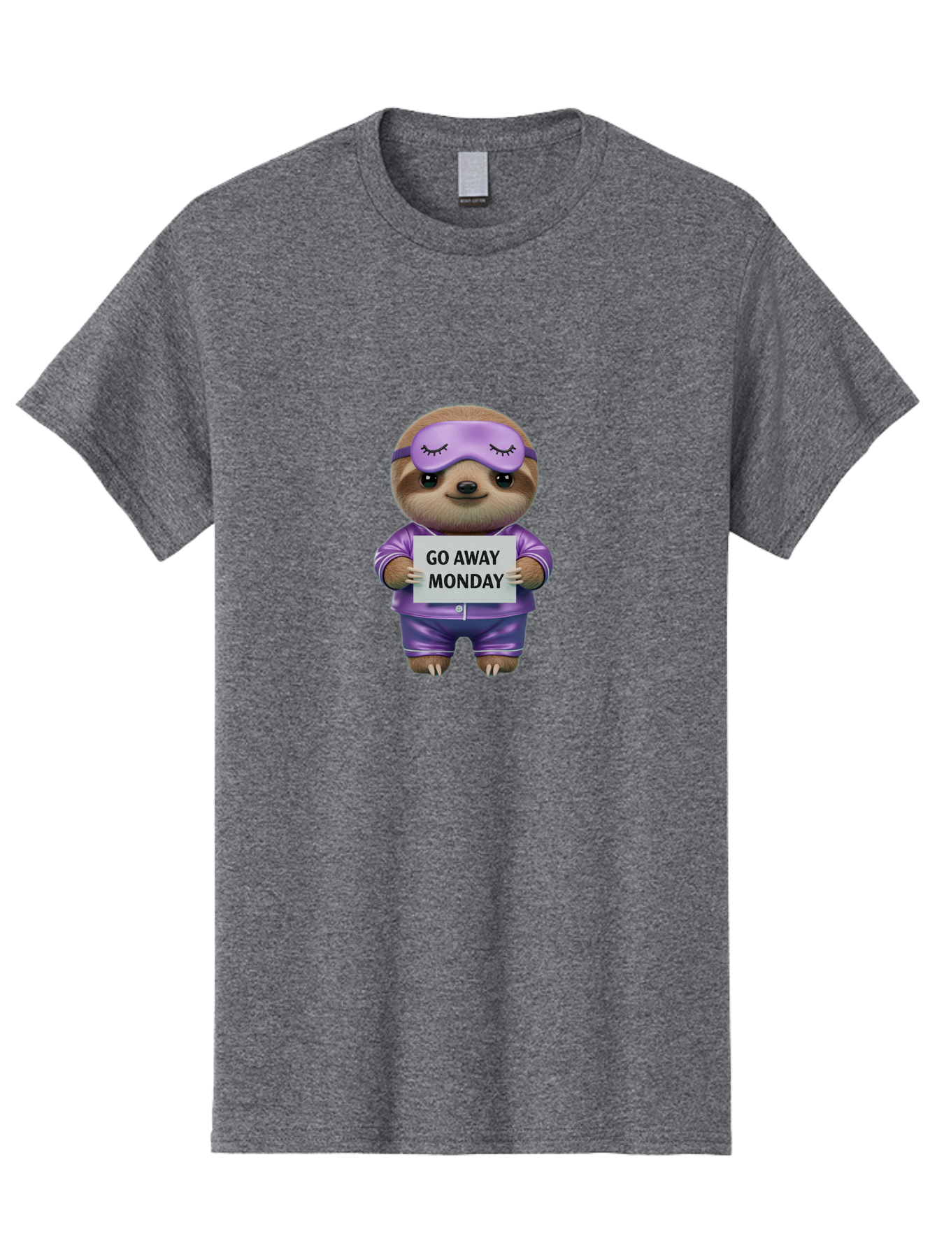 Sloth-Go-Away-Monday-1 Men'S Graphic Tee, 100% Cotton, Comfortable Casual Summer Wear, Machine Washable, Funny Sloth, Cartoon Character, Go Away Monday Sign, Lazy Animal, Purple Pajamas, Sleep Mask, Humorous Illustration, Relaxing Vibe, Bae753