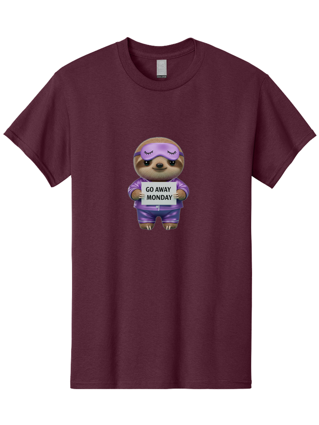 Sloth-Go-Away-Monday-1 Men'S Graphic Tee, 100% Cotton, Comfortable Casual Summer Wear, Machine Washable, Funny Sloth, Cartoon Character, Go Away Monday Sign, Lazy Animal, Purple Pajamas, Sleep Mask, Humorous Illustration, Relaxing Vibe, Bae753