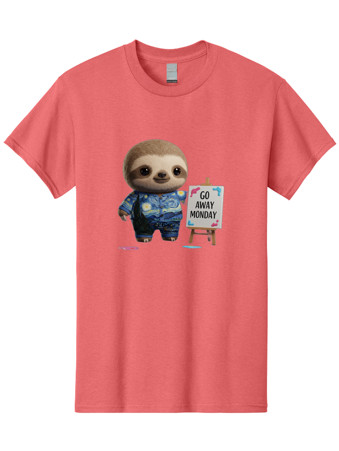 Sloth-Go-Away-Monday-2 Men'S Graphic Tee, 100% Cotton, Comfortable Casual Summer Wear, Machine Washable, Funny Sloth Meme, Monday Motivation, Art Humor, Creative Sloth, Van Gogh-Inspired Outfit, Humorous Canvas, Quirky Character, Monday Blues, Bae754