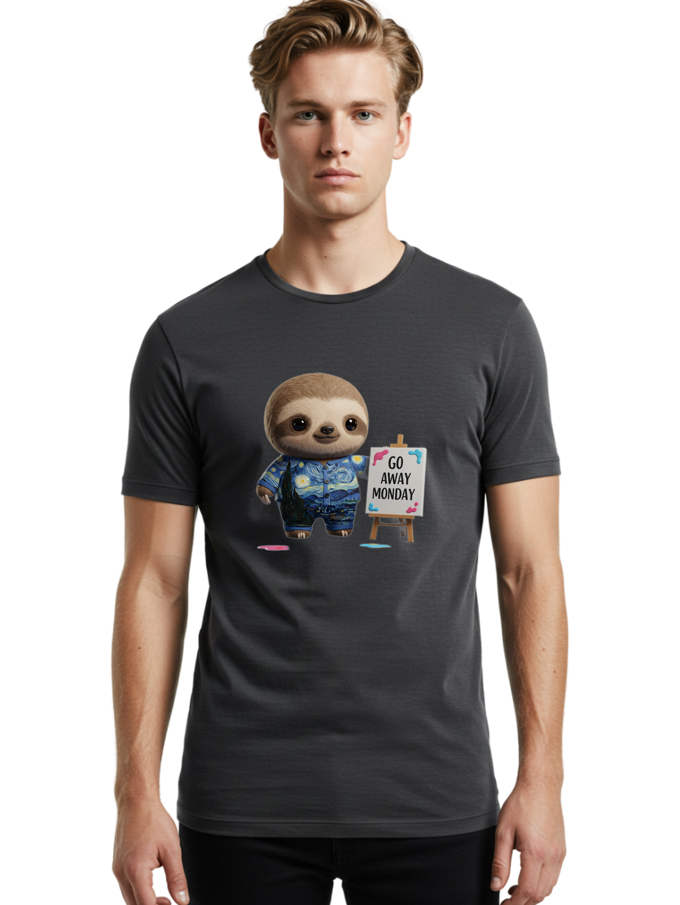 Sloth-Go-Away-Monday-2 Men'S Graphic Tee, 100% Cotton, Comfortable Casual Summer Wear, Machine Washable, Funny Sloth Meme, Monday Motivation, Art Humor, Creative Sloth, Van Gogh-Inspired Outfit, Humorous Canvas, Quirky Character, Monday Blues, Bae754