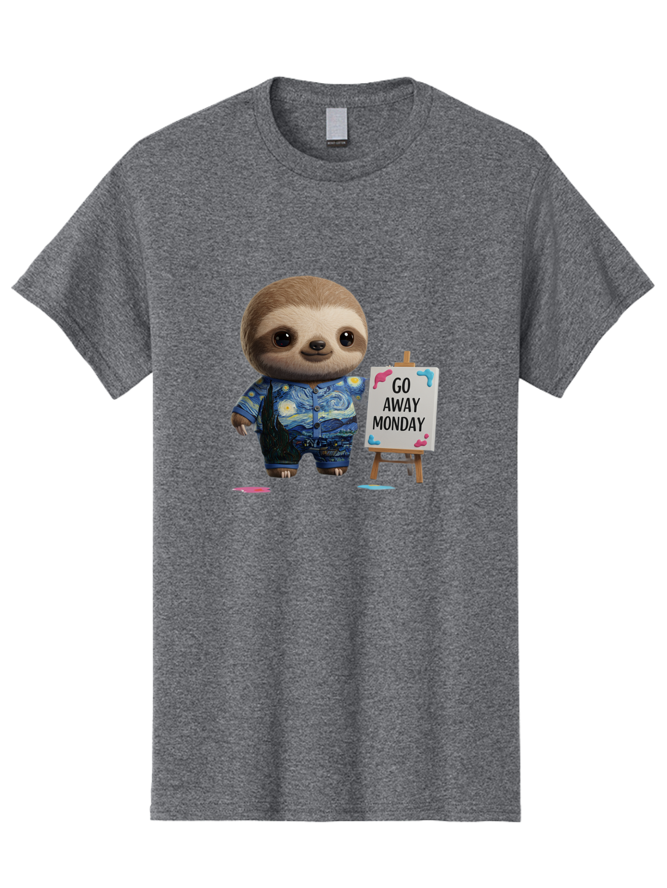 Sloth-Go-Away-Monday-2 Men'S Graphic Tee, 100% Cotton, Comfortable Casual Summer Wear, Machine Washable, Funny Sloth Meme, Monday Motivation, Art Humor, Creative Sloth, Van Gogh-Inspired Outfit, Humorous Canvas, Quirky Character, Monday Blues, Bae754