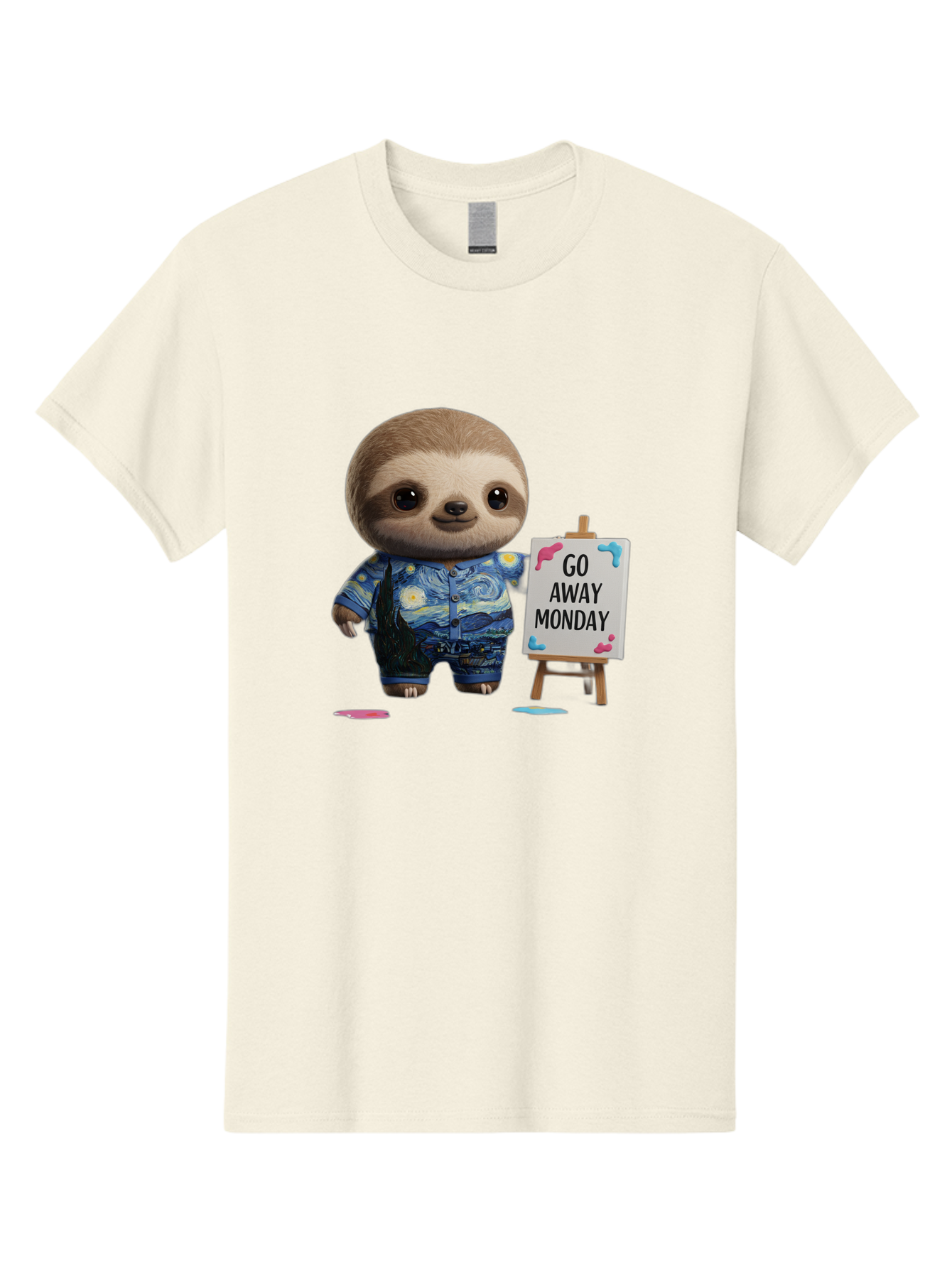Sloth-Go-Away-Monday-2 Men'S Graphic Tee, 100% Cotton, Comfortable Casual Summer Wear, Machine Washable, Funny Sloth Meme, Monday Motivation, Art Humor, Creative Sloth, Van Gogh-Inspired Outfit, Humorous Canvas, Quirky Character, Monday Blues, Bae754