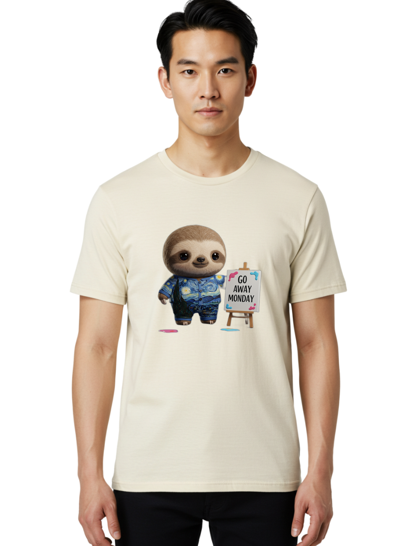 Sloth-Go-Away-Monday-2 Men'S Graphic Tee, 100% Cotton, Comfortable Casual Summer Wear, Machine Washable, Funny Sloth Meme, Monday Motivation, Art Humor, Creative Sloth, Van Gogh-Inspired Outfit, Humorous Canvas, Quirky Character, Monday Blues, Bae754