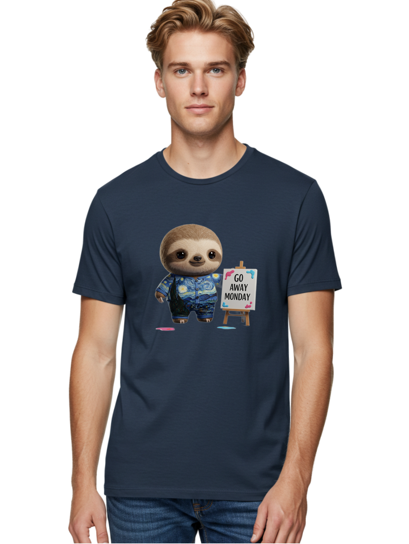 Sloth-Go-Away-Monday-2 Men'S Graphic Tee, 100% Cotton, Comfortable Casual Summer Wear, Machine Washable, Funny Sloth Meme, Monday Motivation, Art Humor, Creative Sloth, Van Gogh-Inspired Outfit, Humorous Canvas, Quirky Character, Monday Blues, Bae754