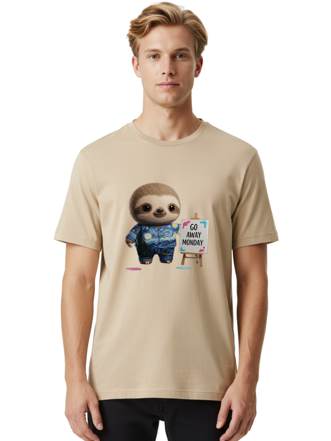 Sloth-Go-Away-Monday-2 Men'S Graphic Tee, 100% Cotton, Comfortable Casual Summer Wear, Machine Washable, Funny Sloth Meme, Monday Motivation, Art Humor, Creative Sloth, Van Gogh-Inspired Outfit, Humorous Canvas, Quirky Character, Monday Blues, Bae754