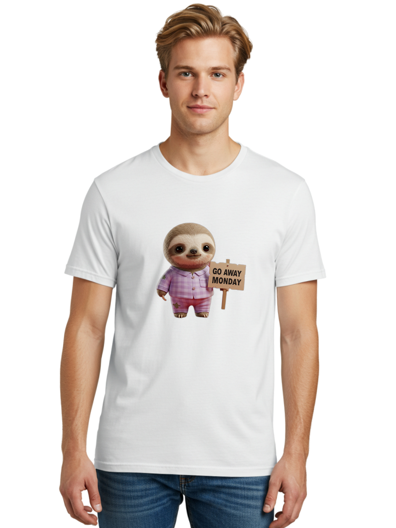 Sloth-Go-Away-Monday Men'S Graphic Tee, 100% Cotton, Comfortable Casual Summer Wear, Machine Washable, Sloth In Pajamas, Cartoon Character, Humorous Illustration, Funny Animal, Monday Motivation, Lazy Sloth, Cute Creature, Playful Design, Bae755