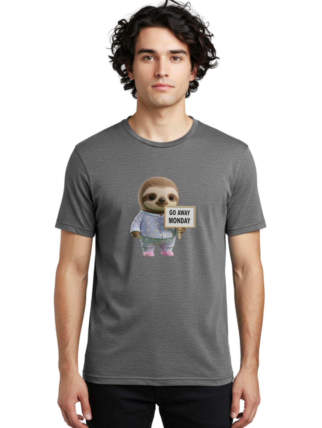 Sloth-Holding-Sign-Go-Away-Monday Men'S Graphic Tee, 100% Cotton, Comfortable Casual Summer Wear, Machine Washable, Sloth In Pajamas, Funny Animal, Cute Sloth, Humorous Sign, Go Away Monday, Lazy Morning, Cartoon Character, Playful Graphics, Bae756