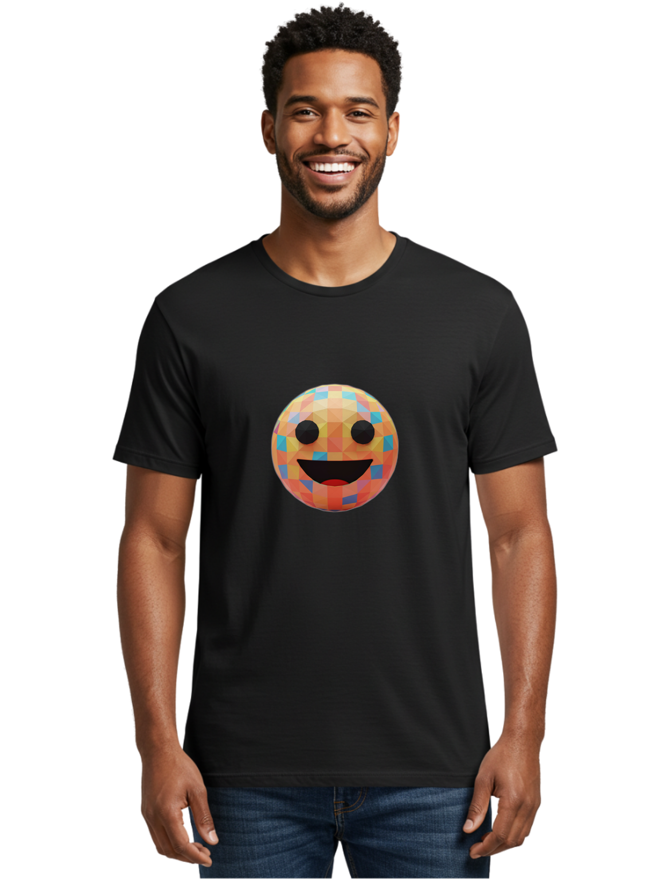 Smile-Ball Men'S Graphic Tee, 100% Cotton, Comfortable Casual Summer Wear, Machine Washable, Low Poly Orb, Happy Face, Smiling Emoji, Colorful Pattern, 3D Design, Vibrant Colors, Emotive Expression, Modern Art Style, Geometric Shapes, Bae759