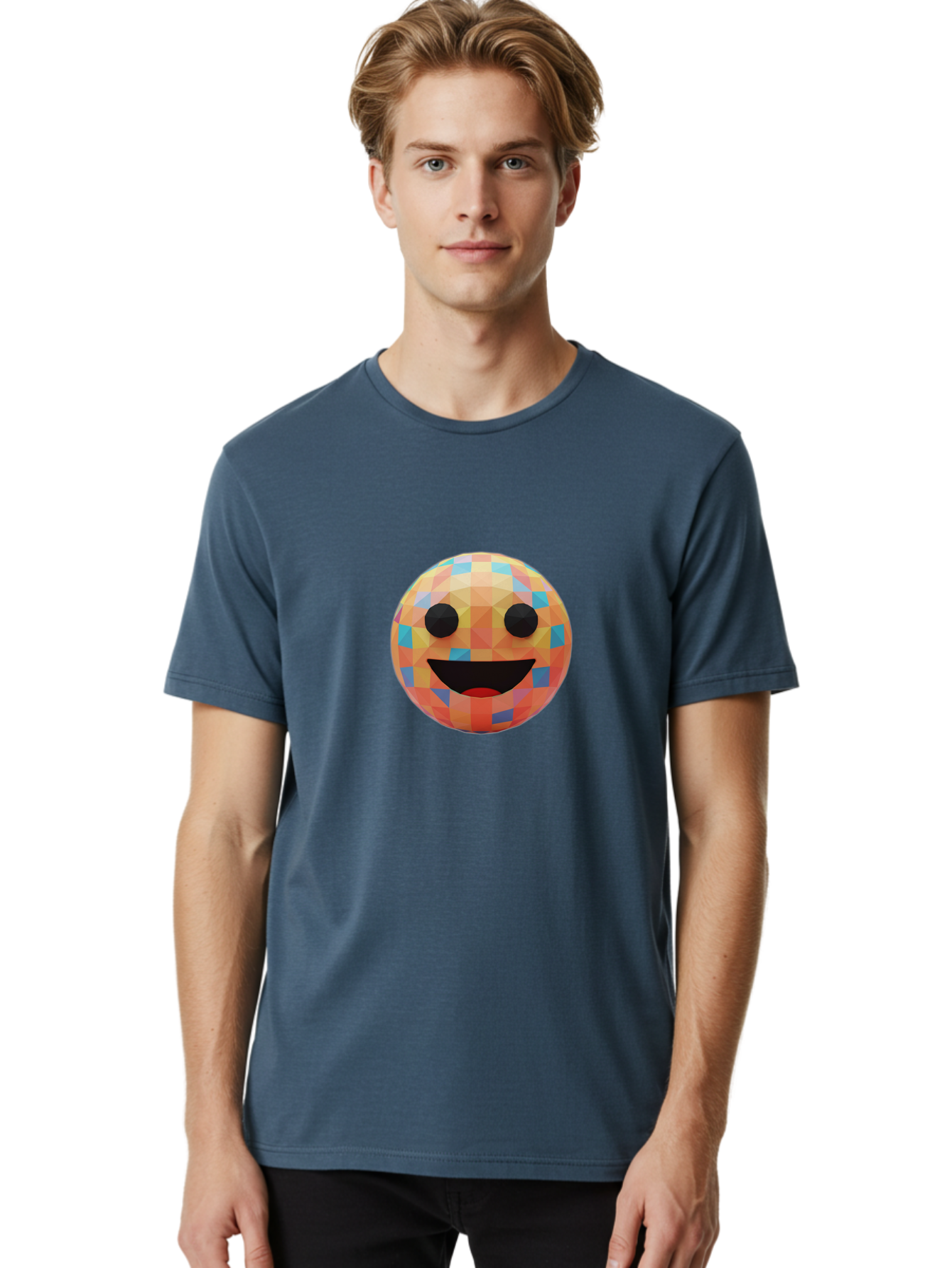Smile-Ball Men'S Graphic Tee, 100% Cotton, Comfortable Casual Summer Wear, Machine Washable, Low Poly Orb, Happy Face, Smiling Emoji, Colorful Pattern, 3D Design, Vibrant Colors, Emotive Expression, Modern Art Style, Geometric Shapes, Bae759