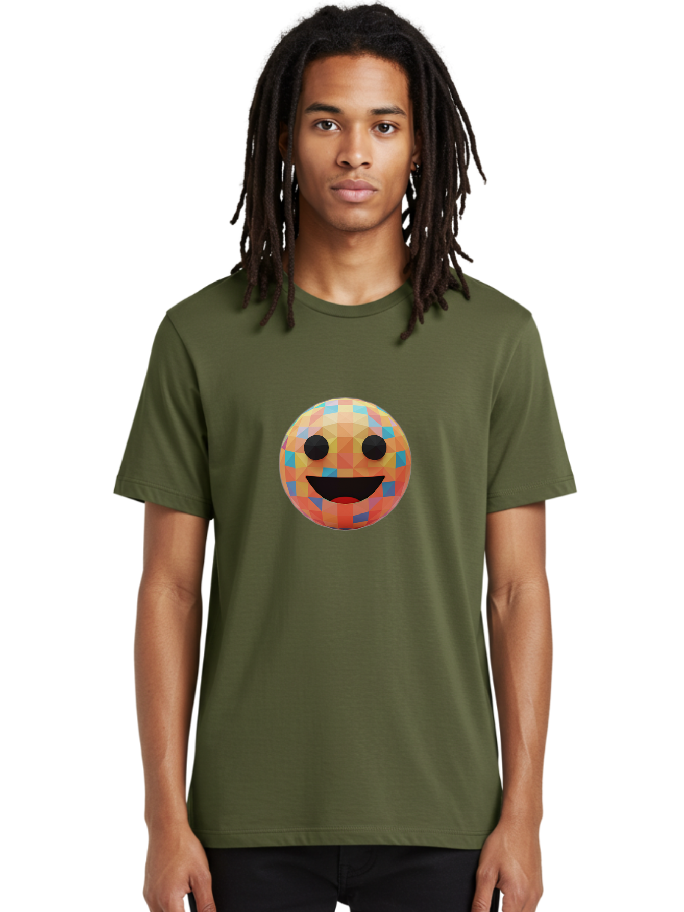 Smile-Ball Men'S Graphic Tee, 100% Cotton, Comfortable Casual Summer Wear, Machine Washable, Low Poly Orb, Happy Face, Smiling Emoji, Colorful Pattern, 3D Design, Vibrant Colors, Emotive Expression, Modern Art Style, Geometric Shapes, Bae759
