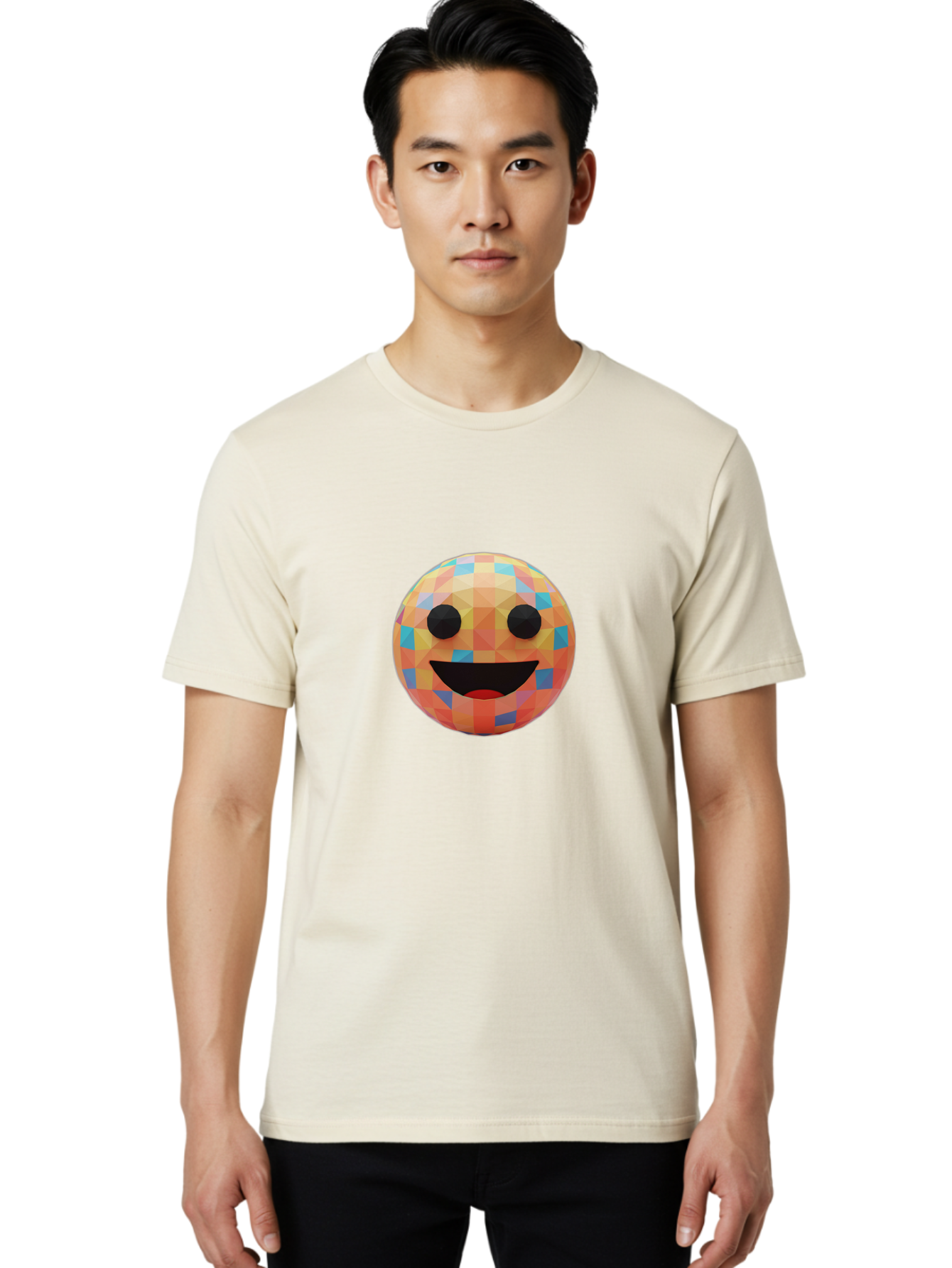 Smile-Ball Men'S Graphic Tee, 100% Cotton, Comfortable Casual Summer Wear, Machine Washable, Low Poly Orb, Happy Face, Smiling Emoji, Colorful Pattern, 3D Design, Vibrant Colors, Emotive Expression, Modern Art Style, Geometric Shapes, Bae759