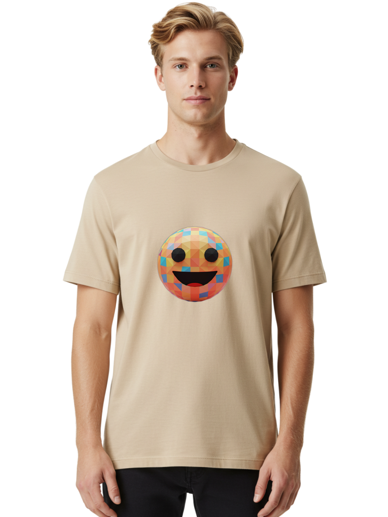Smile-Ball Men'S Graphic Tee, 100% Cotton, Comfortable Casual Summer Wear, Machine Washable, Low Poly Orb, Happy Face, Smiling Emoji, Colorful Pattern, 3D Design, Vibrant Colors, Emotive Expression, Modern Art Style, Geometric Shapes, Bae759