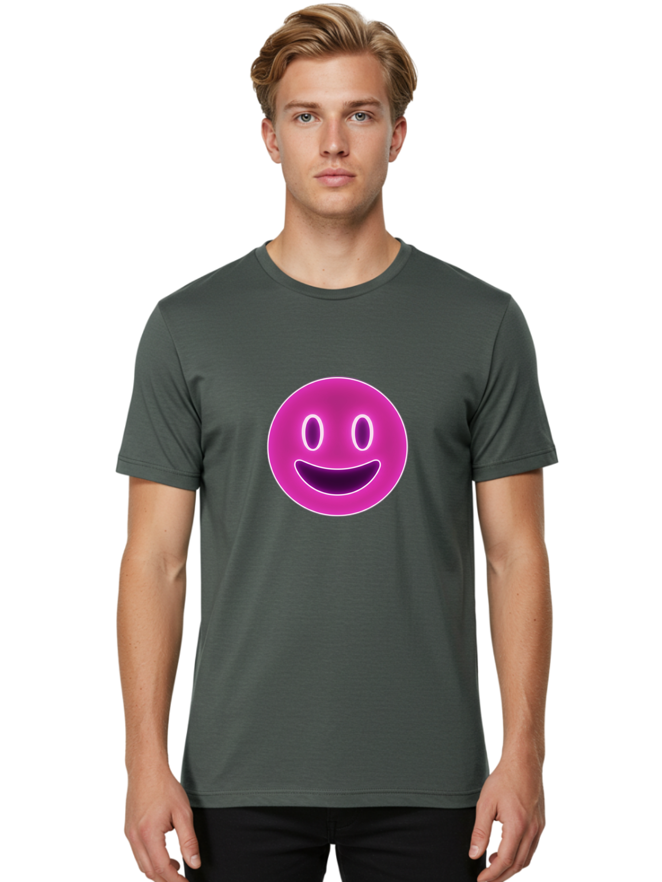 Smiley-Face Men'S Graphic Tee, 100% Cotton, Comfortable Casual Summer Wear, Machine Washable, Smiley Face, Happy Expression, Purple Emoticon, Neon Glow, Simple Design, Positive Vibe, Emotive Icon, Social Media Symbol, Emoticon, Happiness, Bae760