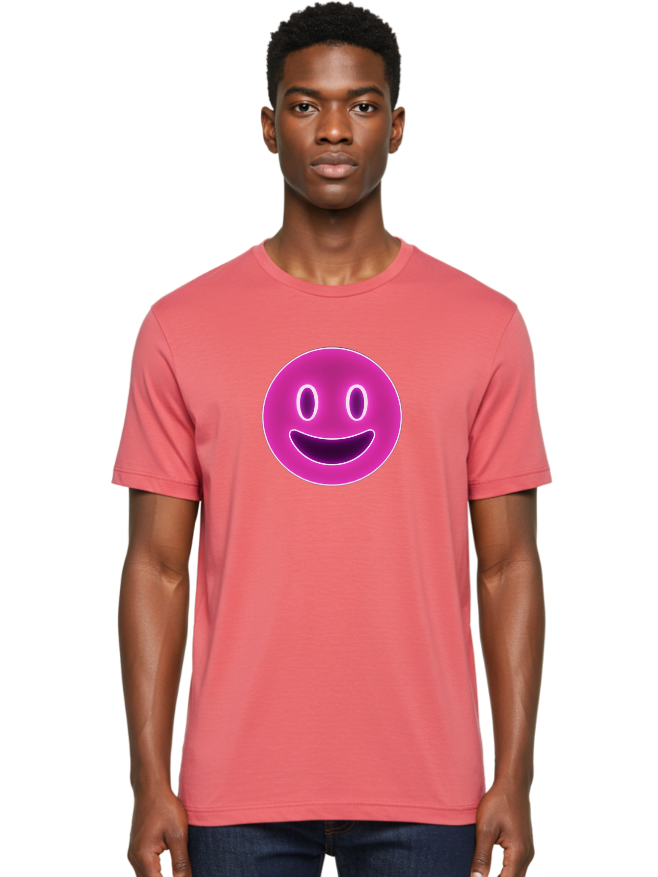 Smiley-Face Men'S Graphic Tee, 100% Cotton, Comfortable Casual Summer Wear, Machine Washable, Smiley Face, Happy Expression, Purple Emoticon, Neon Glow, Simple Design, Positive Vibe, Emotive Icon, Social Media Symbol, Emoticon, Happiness, Bae760