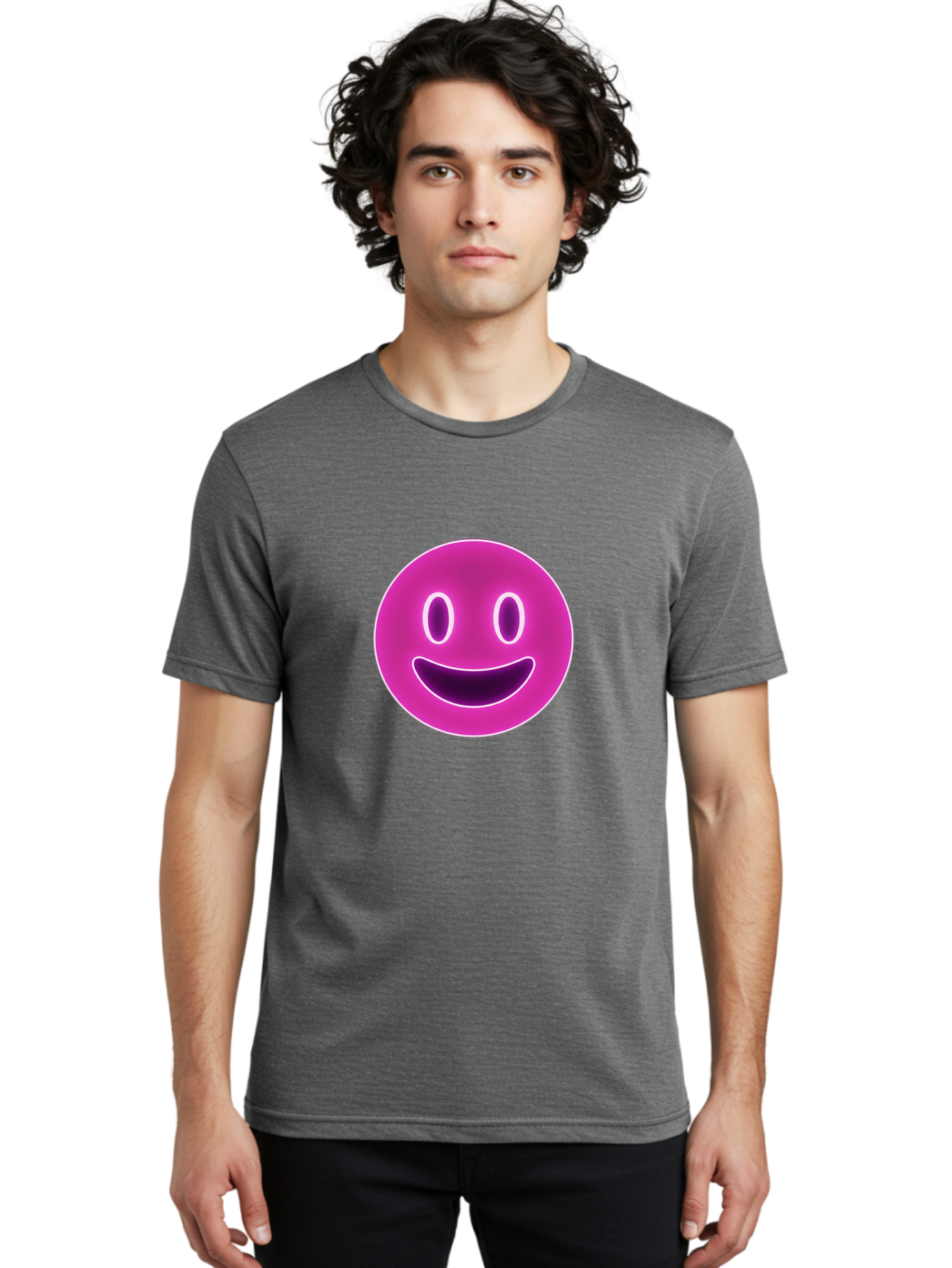 Smiley-Face Men'S Graphic Tee, 100% Cotton, Comfortable Casual Summer Wear, Machine Washable, Smiley Face, Happy Expression, Purple Emoticon, Neon Glow, Simple Design, Positive Vibe, Emotive Icon, Social Media Symbol, Emoticon, Happiness, Bae760