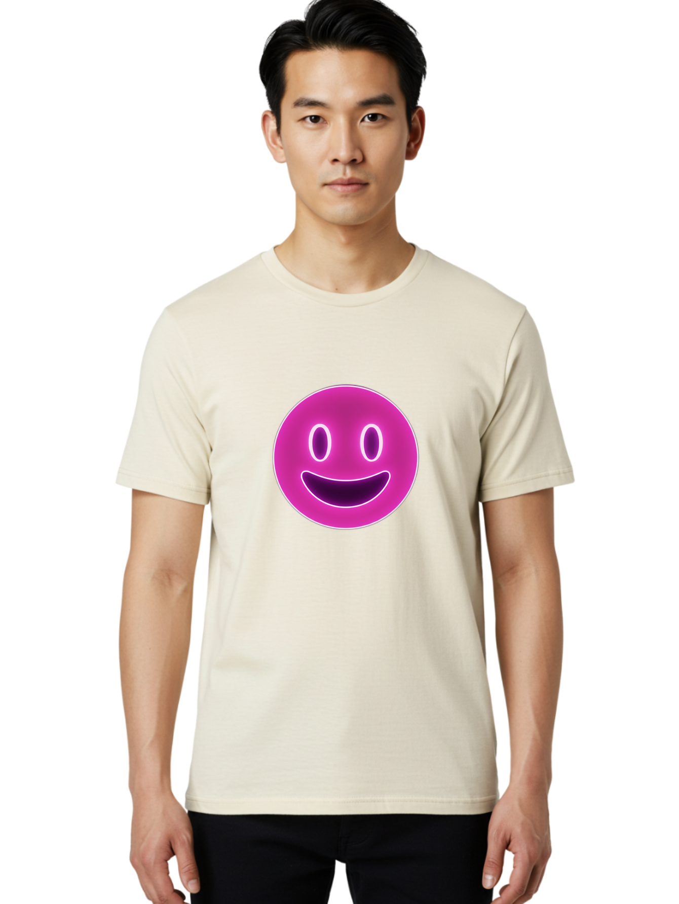 Smiley-Face Men'S Graphic Tee, 100% Cotton, Comfortable Casual Summer Wear, Machine Washable, Smiley Face, Happy Expression, Purple Emoticon, Neon Glow, Simple Design, Positive Vibe, Emotive Icon, Social Media Symbol, Emoticon, Happiness, Bae760