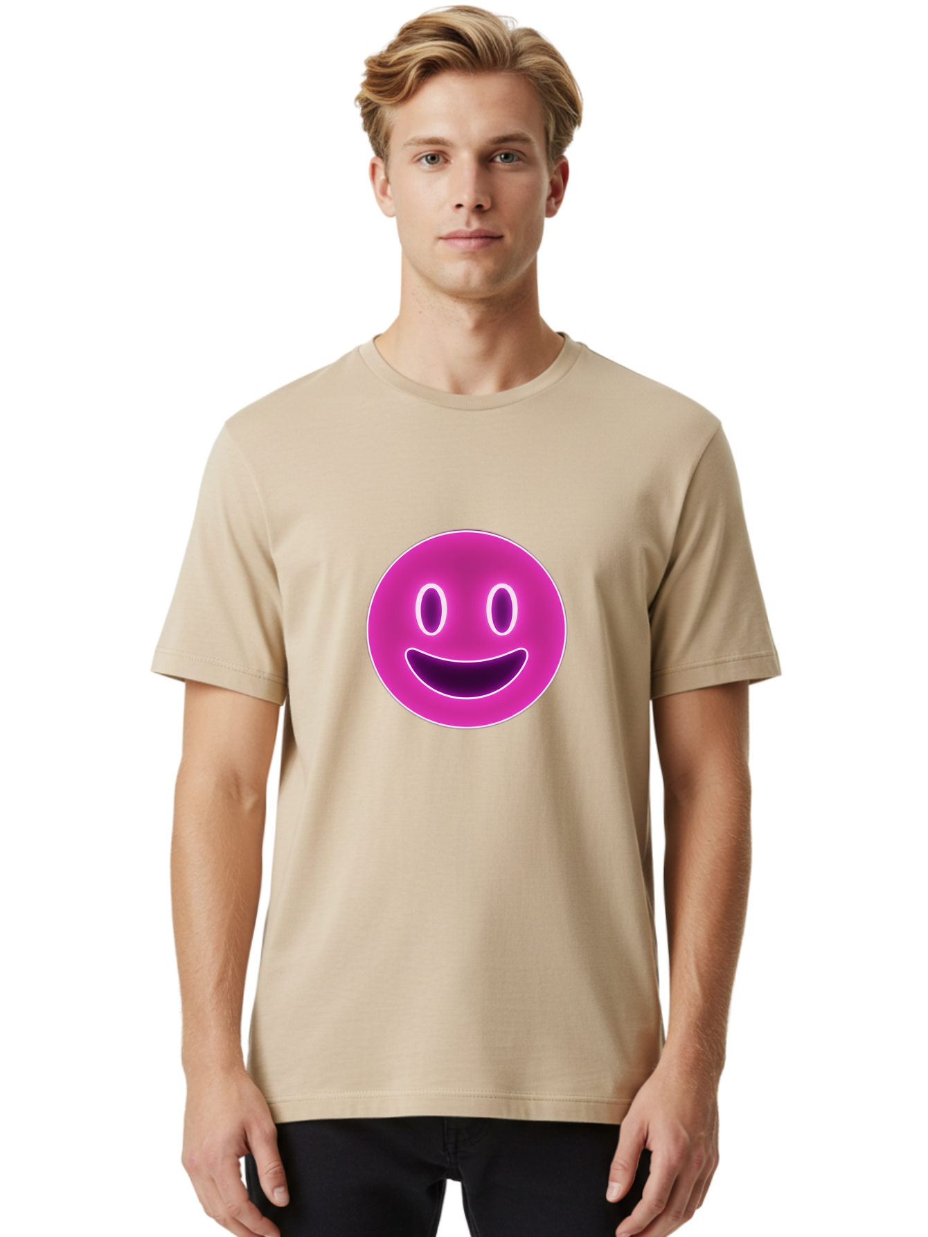 Smiley-Face Men'S Graphic Tee, 100% Cotton, Comfortable Casual Summer Wear, Machine Washable, Smiley Face, Happy Expression, Purple Emoticon, Neon Glow, Simple Design, Positive Vibe, Emotive Icon, Social Media Symbol, Emoticon, Happiness, Bae760