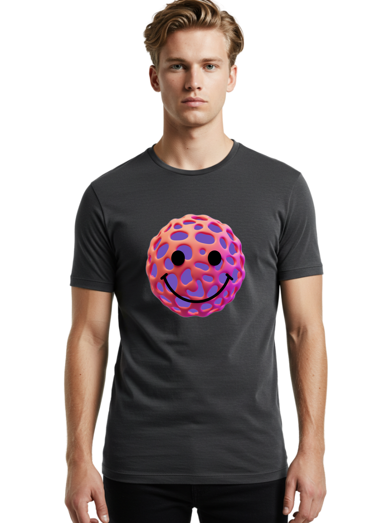 Smiley-Virus Men'S Graphic Tee, 100% Cotton, Comfortable Casual Summer Wear, Machine Washable, Smiley Face, Happy Emoji, Pink And Orange Gradient, Playful Design, 3D Illustration, Digital Art, Cute Character, Smiley Emoticon, Emoticon Bae761