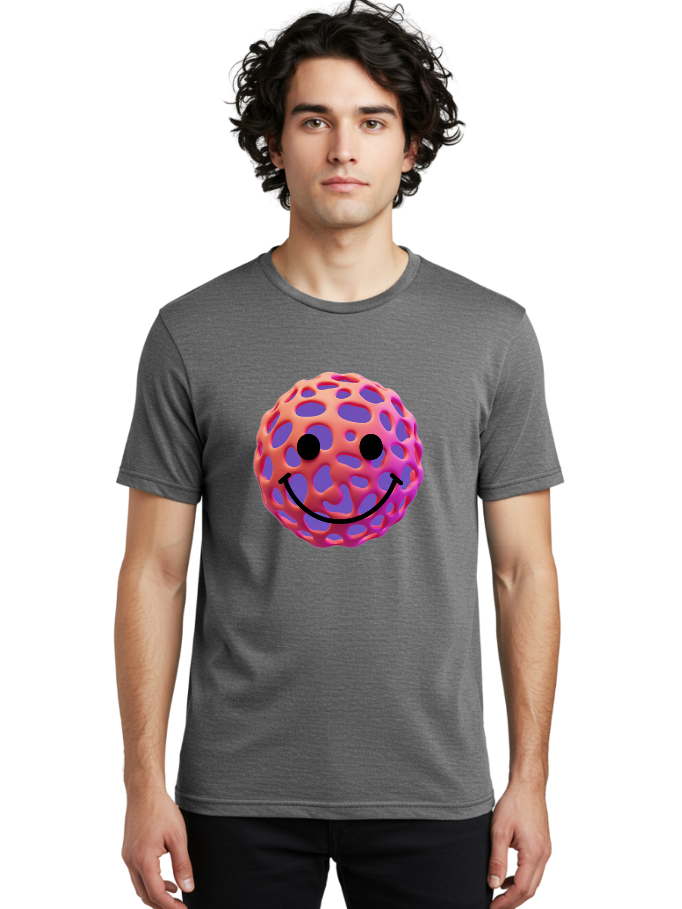 Smiley-Virus Men'S Graphic Tee, 100% Cotton, Comfortable Casual Summer Wear, Machine Washable, Smiley Face, Happy Emoji, Pink And Orange Gradient, Playful Design, 3D Illustration, Digital Art, Cute Character, Smiley Emoticon, Emoticon Bae761