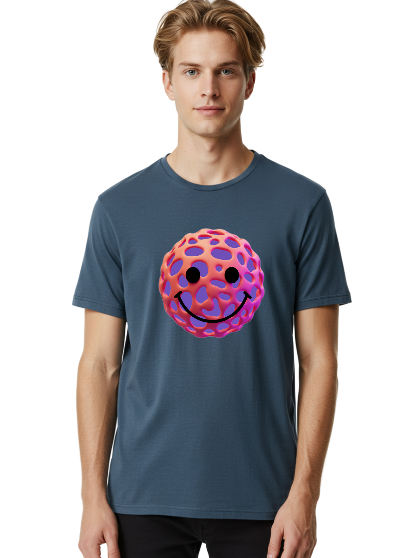 Smiley-Virus Men'S Graphic Tee, 100% Cotton, Comfortable Casual Summer Wear, Machine Washable, Smiley Face, Happy Emoji, Pink And Orange Gradient, Playful Design, 3D Illustration, Digital Art, Cute Character, Smiley Emoticon, Emoticon Bae761