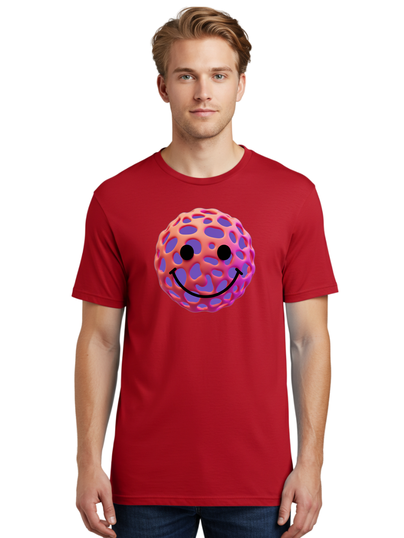 Smiley-Virus Men'S Graphic Tee, 100% Cotton, Comfortable Casual Summer Wear, Machine Washable, Smiley Face, Happy Emoji, Pink And Orange Gradient, Playful Design, 3D Illustration, Digital Art, Cute Character, Smiley Emoticon, Emoticon Bae761