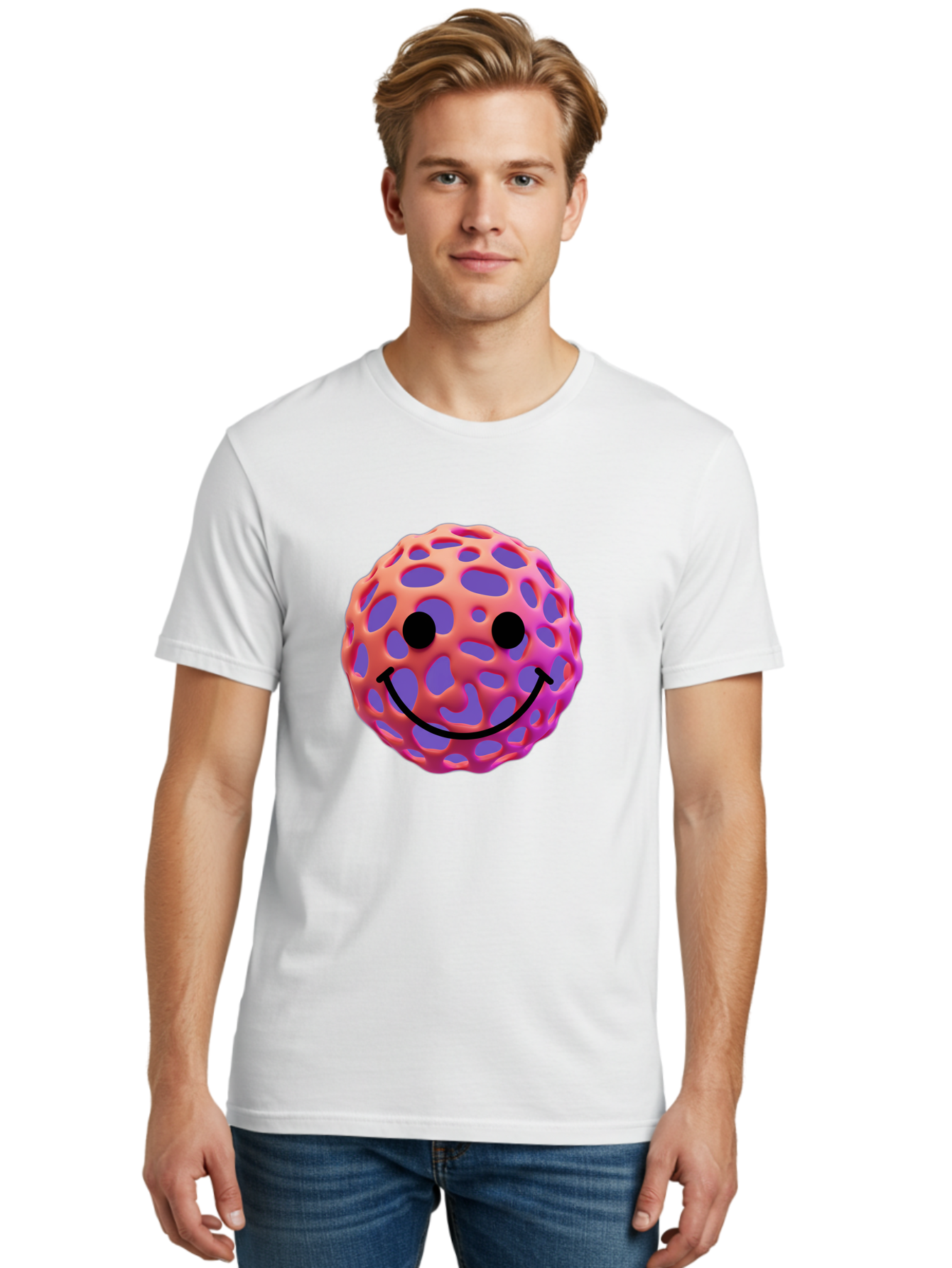 Smiley-Virus Men'S Graphic Tee, 100% Cotton, Comfortable Casual Summer Wear, Machine Washable, Smiley Face, Happy Emoji, Pink And Orange Gradient, Playful Design, 3D Illustration, Digital Art, Cute Character, Smiley Emoticon, Emoticon Bae761