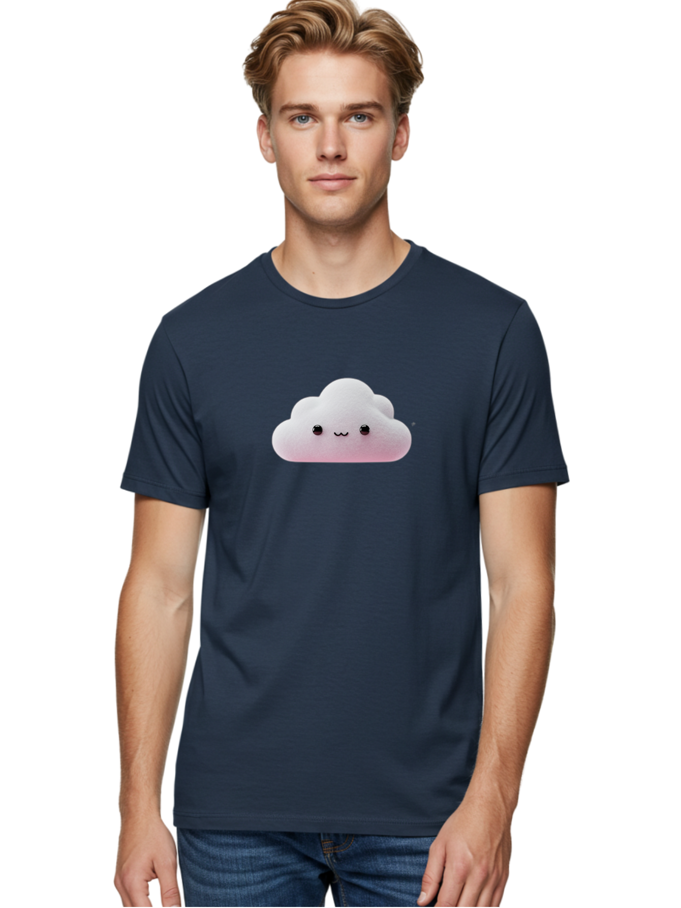 Smiling-Cloud-1 Men'S Graphic Tee, 100% Cotton, Comfortable Casual Summer Wear, Machine Washable, Kawaii Cloud, Cute Cartoon Character, Smiling Face, Fluffy Cloud, Pastel Colors, Adorable Design, Soft Graphics, Childrens Illustration, Bae762