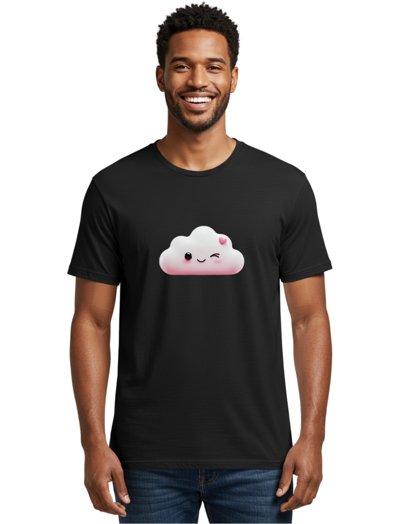 Smiling-Cloud-2 Men'S Graphic Tee, 100% Cotton, Comfortable Casual Summer Wear, Machine Washable, Cartoon Cloud, Smiling Face, Kawaii Character, Cute Emoji, Soft Pink Colors, Winking Eye, Rosy Cheeks, Adorable Illustration, Digital Art, Bae763