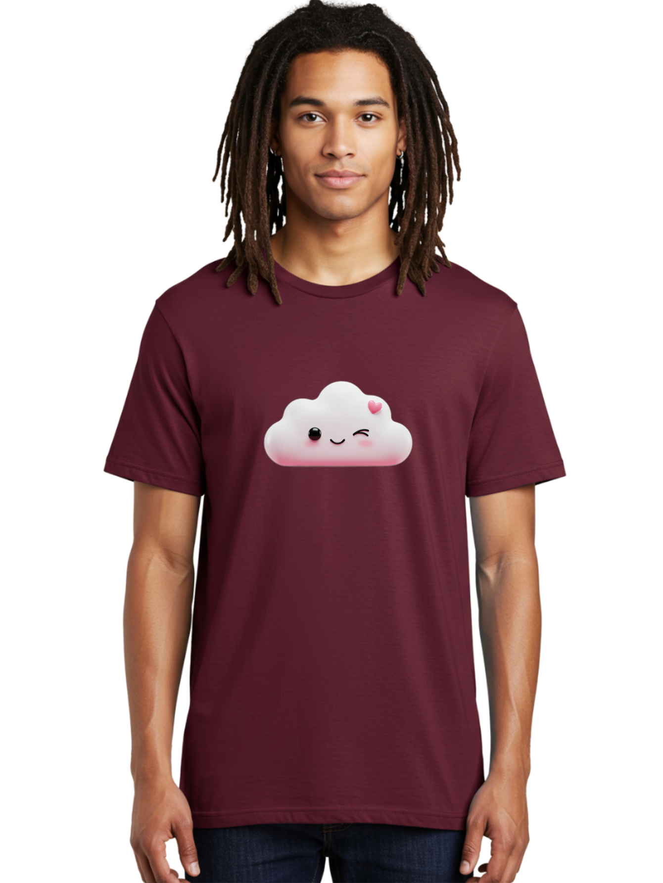 Smiling-Cloud-2 Men'S Graphic Tee, 100% Cotton, Comfortable Casual Summer Wear, Machine Washable, Cartoon Cloud, Smiling Face, Kawaii Character, Cute Emoji, Soft Pink Colors, Winking Eye, Rosy Cheeks, Adorable Illustration, Digital Art, Bae763