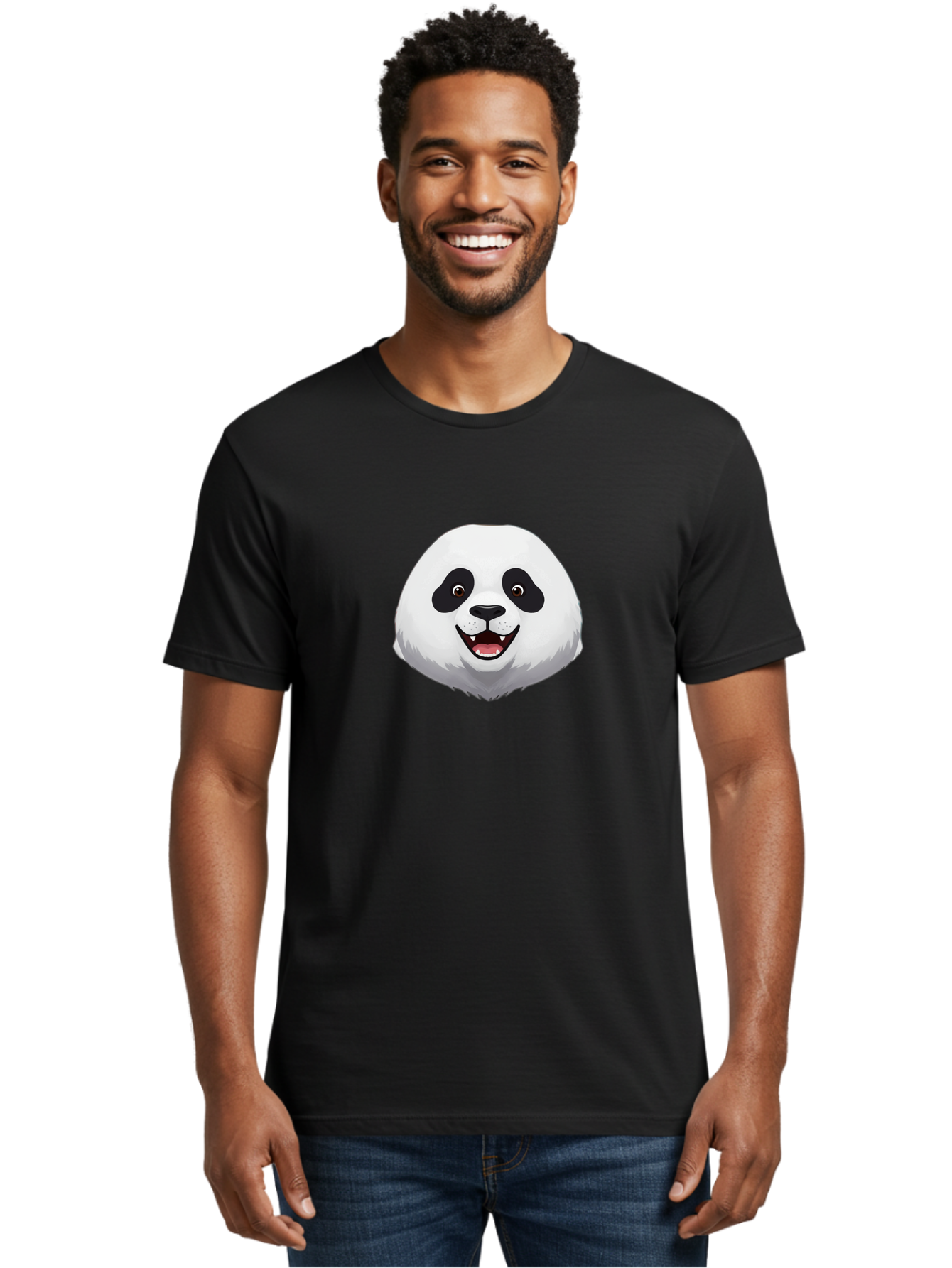 Smiling-Panda-Head Men'S Graphic Tee, 100% Cotton, Comfortable Casual Summer Wear, Machine Washable, Cartoon Panda, Happy Face, Black And White Fur, Cute Animal, Playful Expression, Smiling Panda, Cartoon Character Bae766