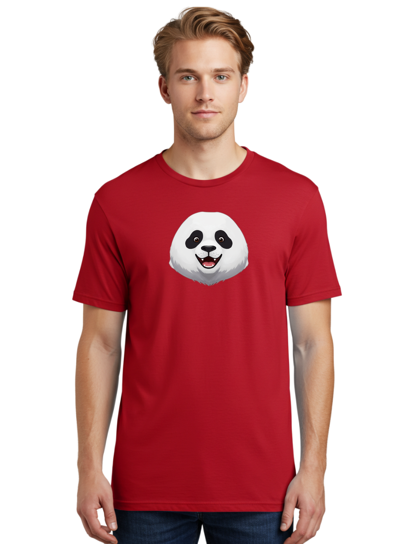 Smiling-Panda-Head Men'S Graphic Tee, 100% Cotton, Comfortable Casual Summer Wear, Machine Washable, Cartoon Panda, Happy Face, Black And White Fur, Cute Animal, Playful Expression, Smiling Panda, Cartoon Character Bae766