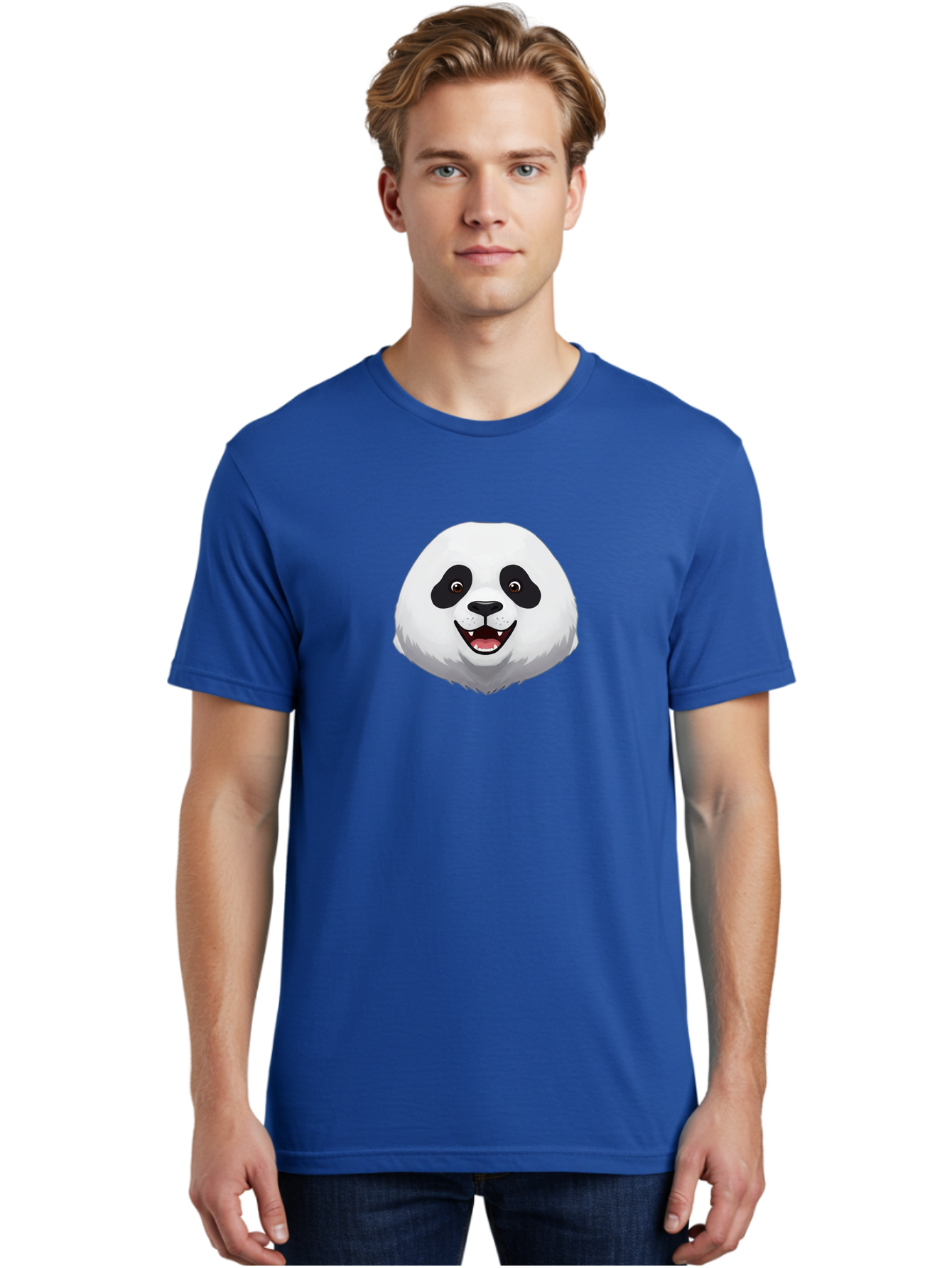 Smiling-Panda-Head Men'S Graphic Tee, 100% Cotton, Comfortable Casual Summer Wear, Machine Washable, Cartoon Panda, Happy Face, Black And White Fur, Cute Animal, Playful Expression, Smiling Panda, Cartoon Character Bae766