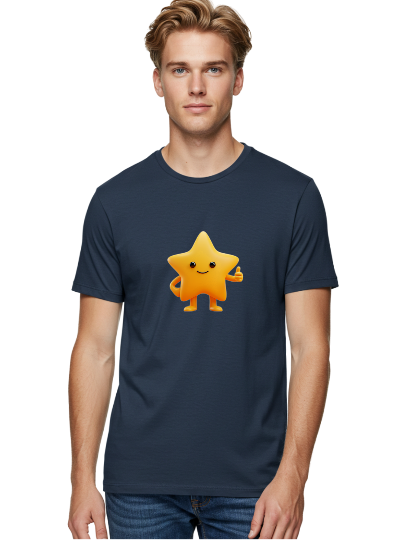 Smiling-Star-1 Men'S Graphic Tee, 100% Cotton, Comfortable Casual Summer Wear, Machine Washable, Cartoon Star, Yellow Star, Smiling Face, Thumbs Up, Happy Character, Friendly Star, Cute Design, 3D Illustration, Positive Vibe, Good Vibes Only Bae767