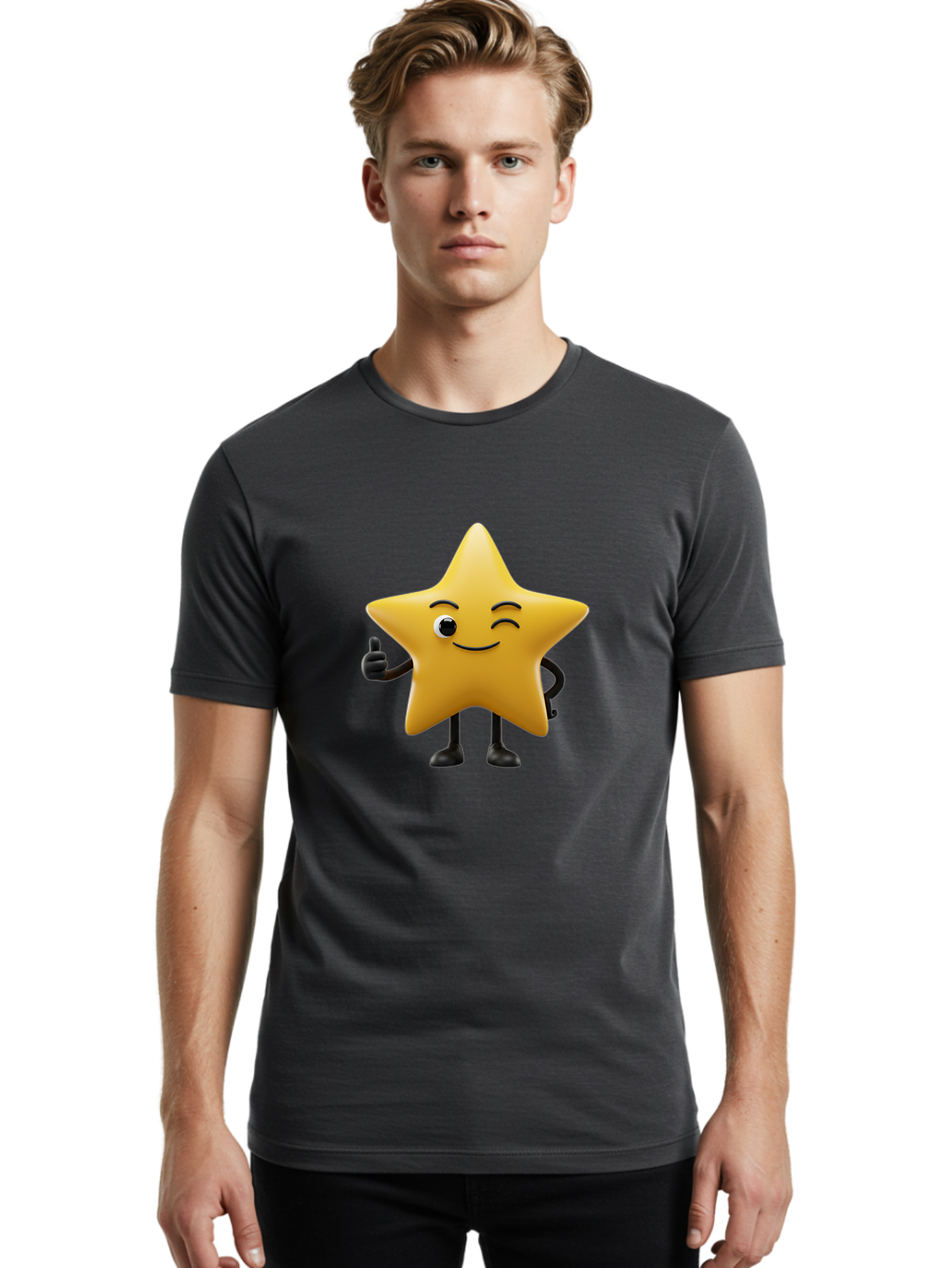 Smiling-Star-3 Men'S Graphic Tee, 100% Cotton, Comfortable Casual Summer Wear, Machine Washable, Happy Star, Cartoon Character, Yellow Star, Thumbs Up, Smiling Face, One Eye, Black Legs, Fun Design, Playful Illustration, Positive Vibes, Bae769