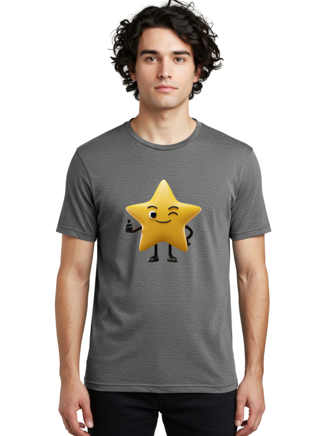 Smiling-Star-3 Men'S Graphic Tee, 100% Cotton, Comfortable Casual Summer Wear, Machine Washable, Happy Star, Cartoon Character, Yellow Star, Thumbs Up, Smiling Face, One Eye, Black Legs, Fun Design, Playful Illustration, Positive Vibes, Bae769